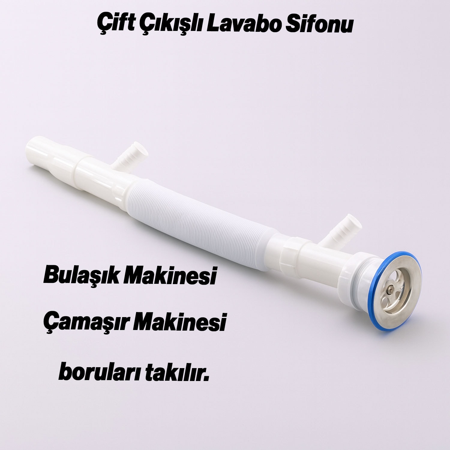 Lavabo Sifonu Çift Çıkışlı Körüklü Hortum Çamaşır ve Bulaşık Makinesi Uyumlu Süzgeç Koku Yapmaz