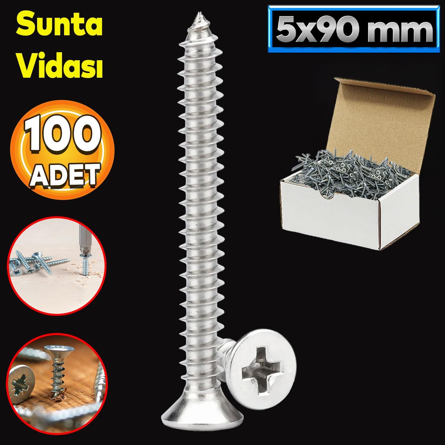 Sunta Vidası 5x90 Paket 100 ADET Sivri Uçlu Ahşap Tahta Ağaç Mobilya Ayak Kulp Vidası