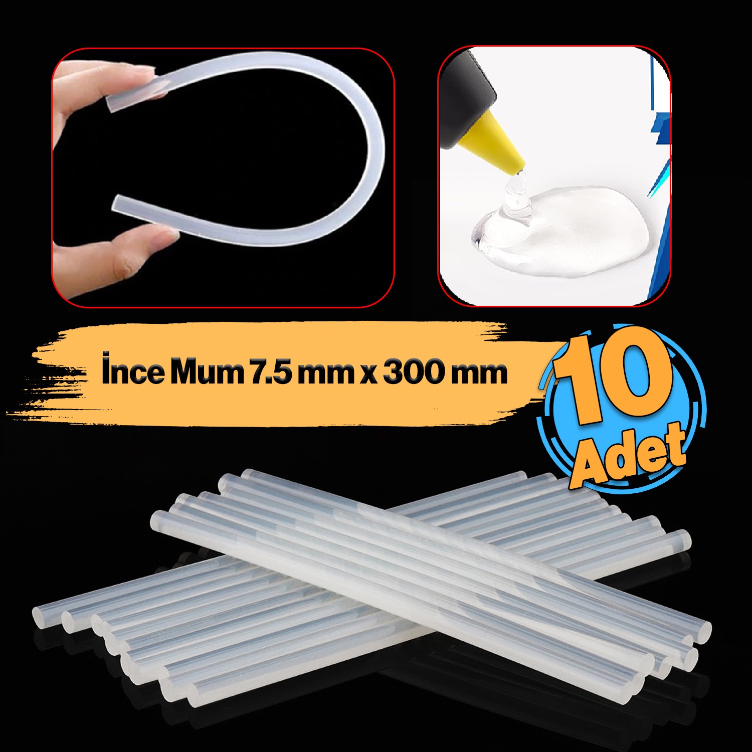 İnce Mum Silikon 7.5 mm Uzunluk 30 cm Çubuk Sıcak Silikon Hobi Eşya Maket Yapıştırma Slikon 10 ADET
