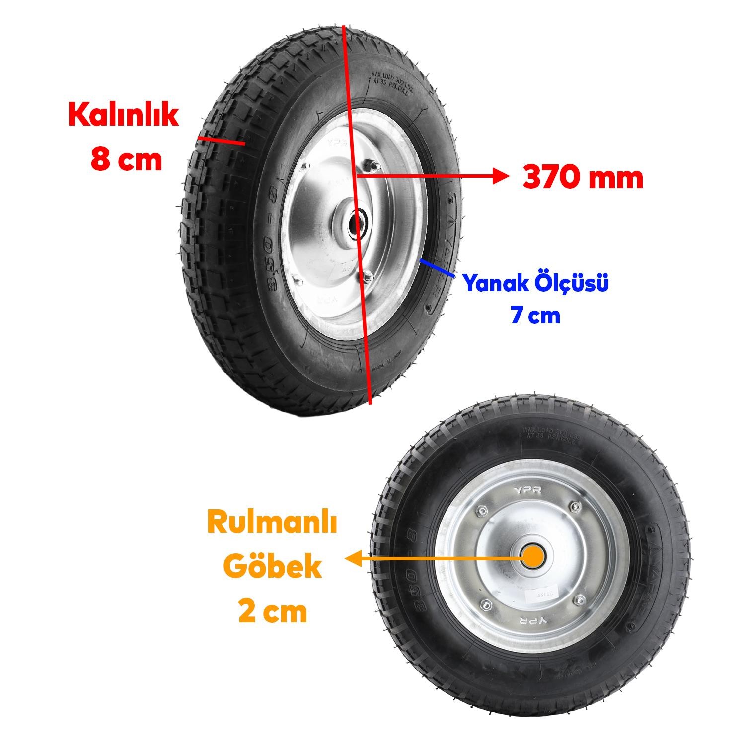 El Arabası Yük Taşıma Tekeri Siboplu Bilyeli Rulmanlı Havalı Dublex 370x80 mm Çelik Jant Tekerlek