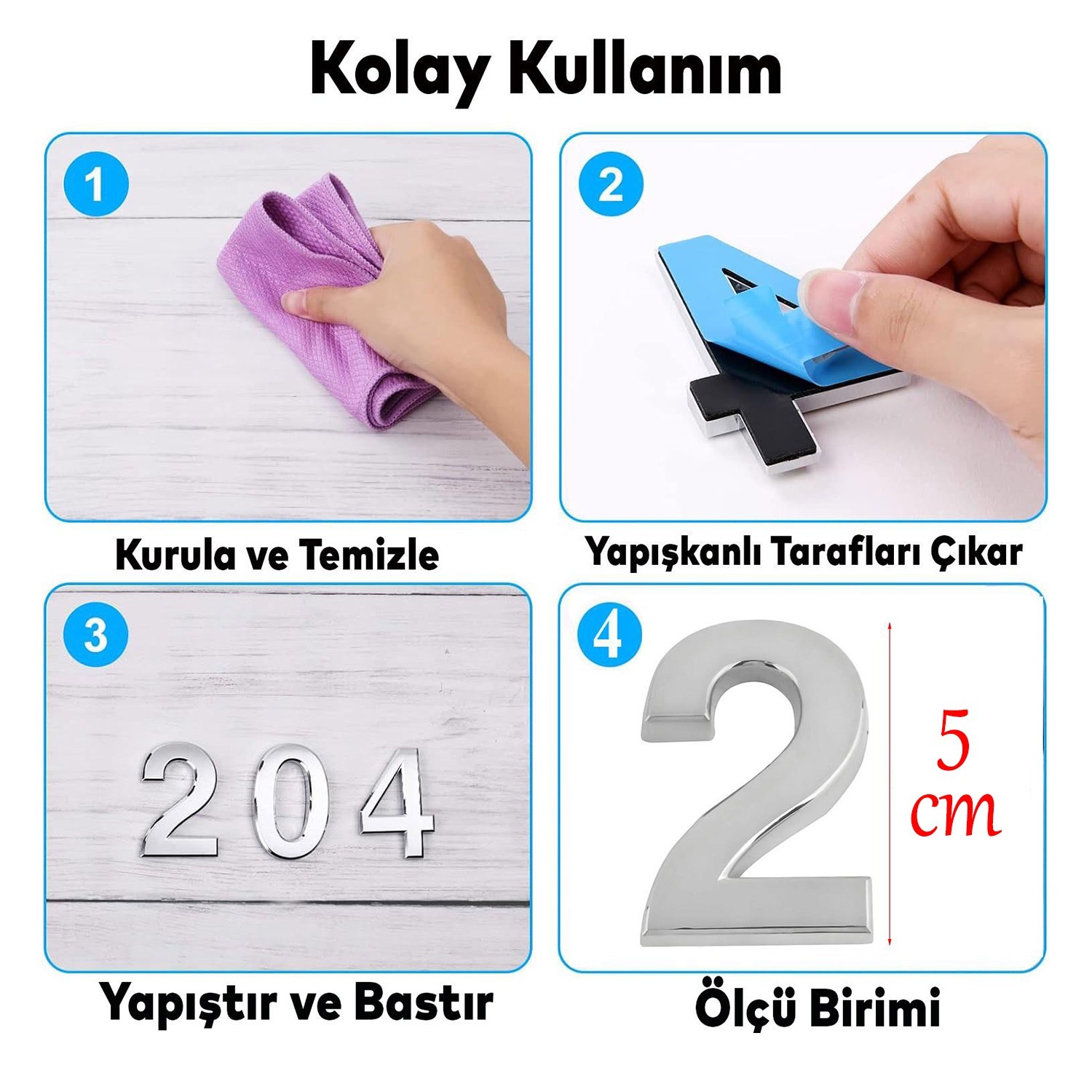 Yapışkanlı Kapı Numarası Küçük Boy 50 mm 5 cm Numara 2 Rakam İki Sayısı Krom Renk Numaralar 1 Adet