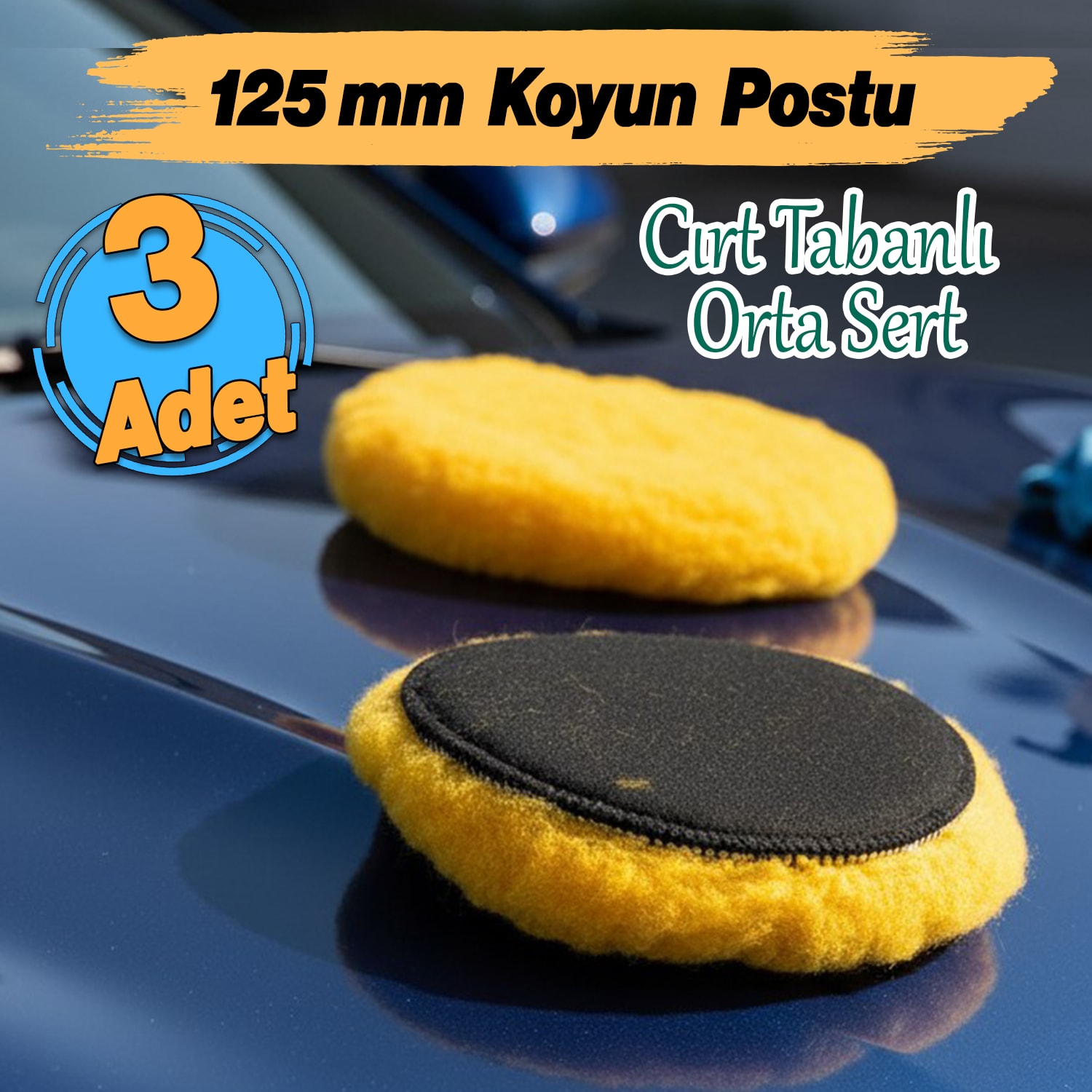 Sarı Renk (3 Adet) Orta Sert Koyun Kuzu Postu Pedi Ø 125 mm Pasta Cila Polisaj Cırt Tabanlı Yün