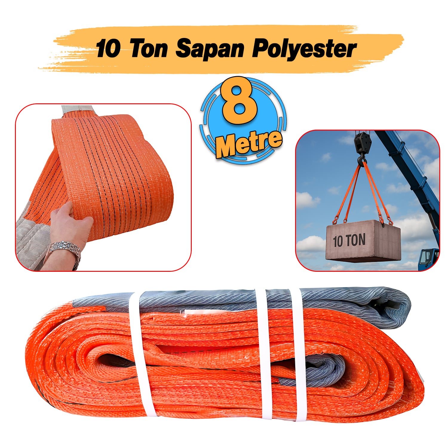 Sapan Polyester Spanzet 10 Ton 8 Metre Kırmızı Sağlam Yük Kaldırma Taşıma İndirme Esnek Halat 