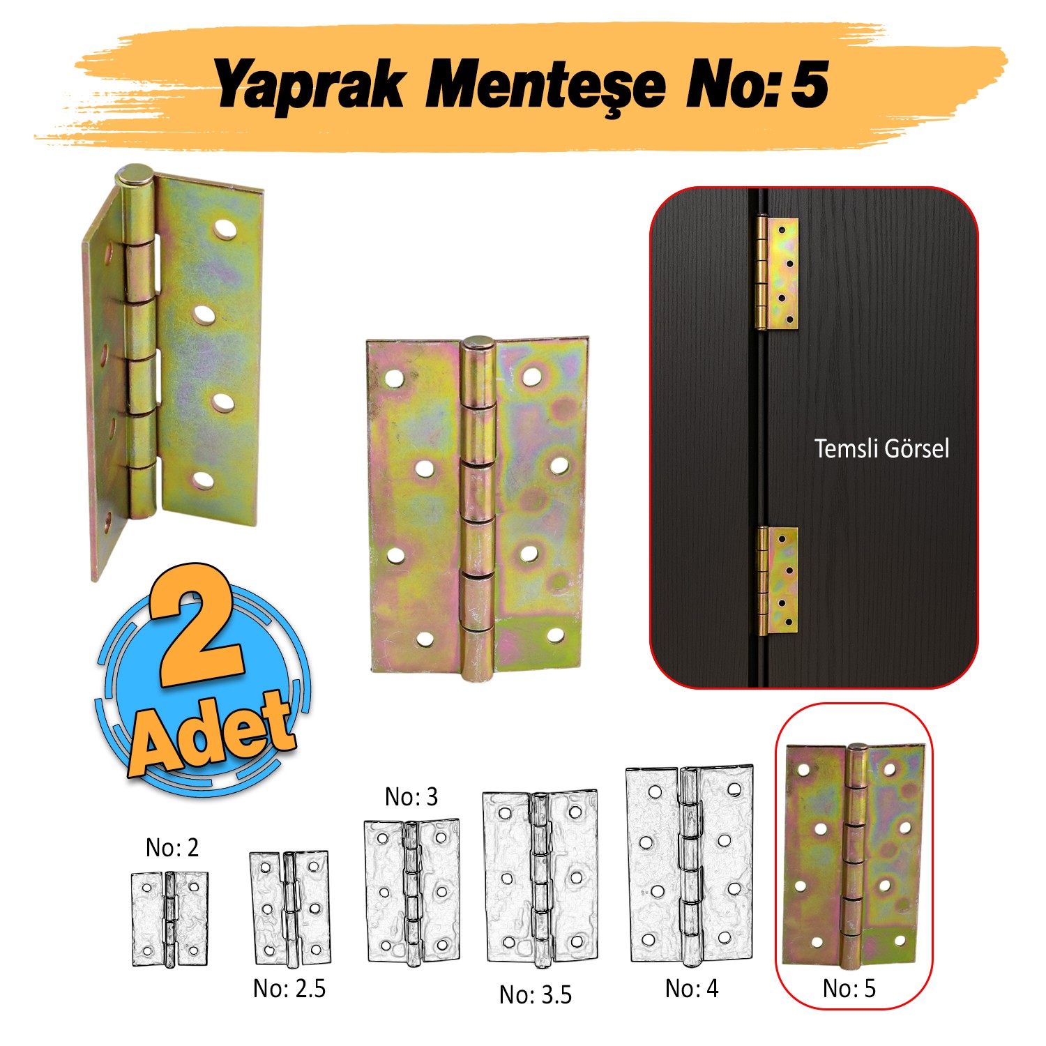 Metal Yaprak Menteşe 2 Adet Prinç Sarı No:5 Mobilya Pencere Kapı Dolap PVC Menteşesi İki Kanatlı