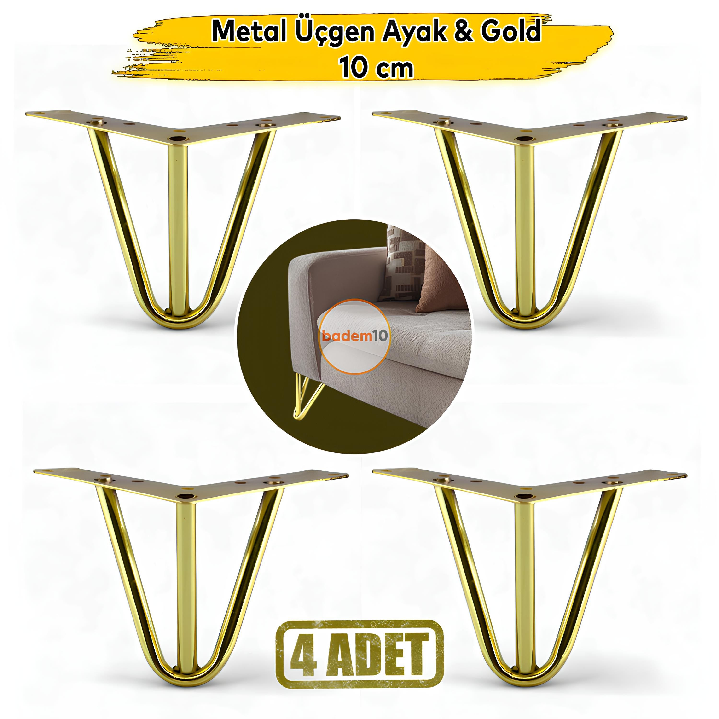 4'lü 10 cm Üçgen Metal Altın Gold Renk Mobilya Ayağı Lüks Koltuk, Kanepe, Berjer Sehpa Ayakları Seti