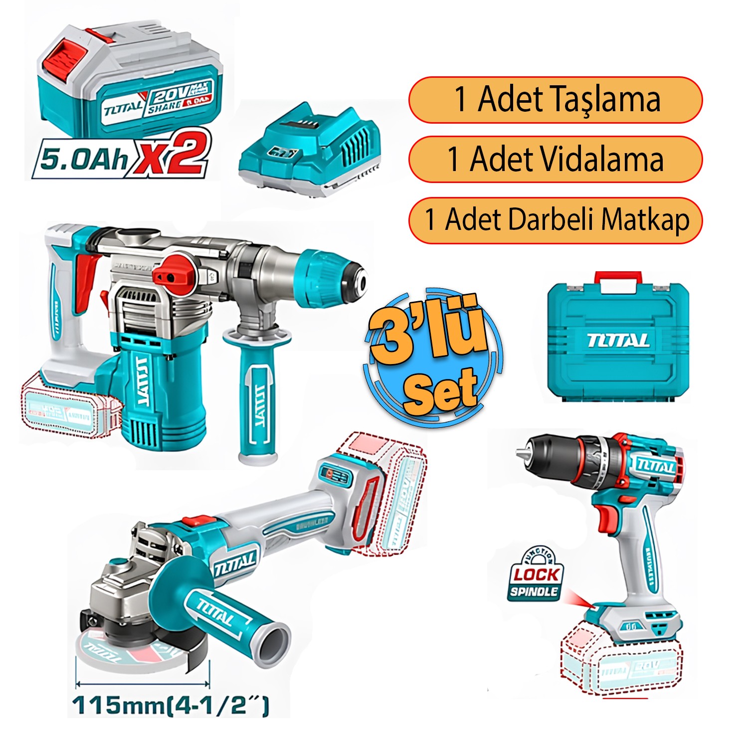 Total 3'lü Set 20 V 5.0 Ah Batarya Avuç Taşlama Vidalama Darbeli Kırıcı Delici Matkap