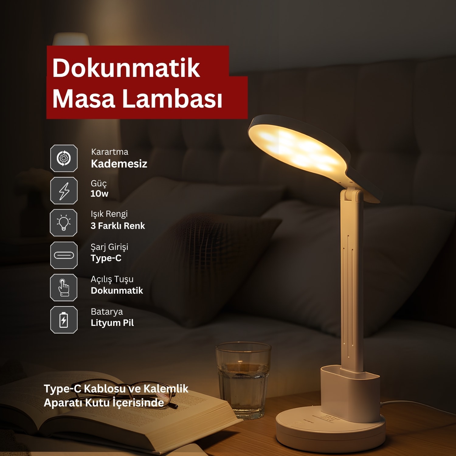 Beyaz Dokunmatik 3 Renkli Kademesiz Karartmalı Type C Şarjlı Masa Lambası Kalemlikli 10W