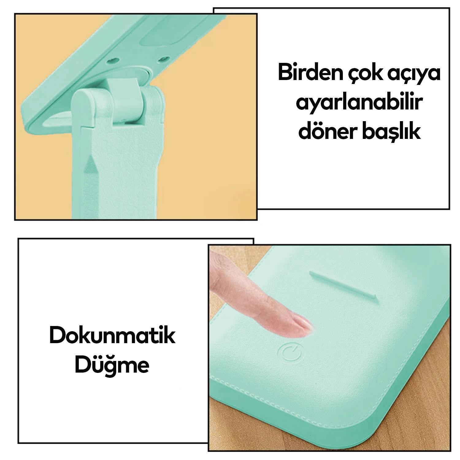 Şarjlı Masa Lambası Led 3 Modlu Oynar Başlıklı Dokunmatik Işık ve Renk Ayarlı Çalışma Okuma Işığı Gece Lambası Turkuaz