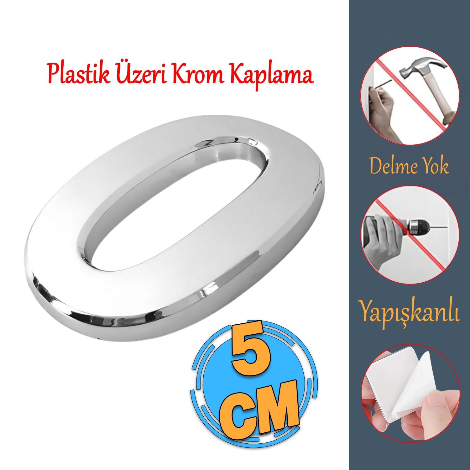 Yapışkanlı Kapı Numarası Küçük Boy 50 mm 5 cm Numara 0 Rakam Sıfır Sayı Krom Renk Numaralar 1 Adet