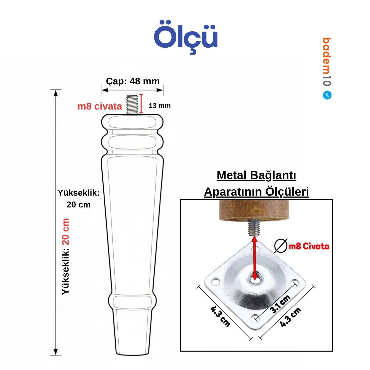 Bohem 20 cm Doğal Ahşap Ayak Boyasız Ham Silindir Mobilya Koltuk Kanepe Ayağı Metal Aparat Dahil