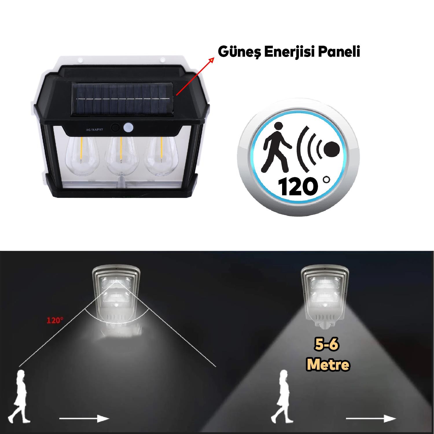 Dış Mekan Apliği Sensörlü Bahçe Duvar Aplik Güneş Enerjili 3 Modlu Sarı Işıklı 15 W Fener Lamba