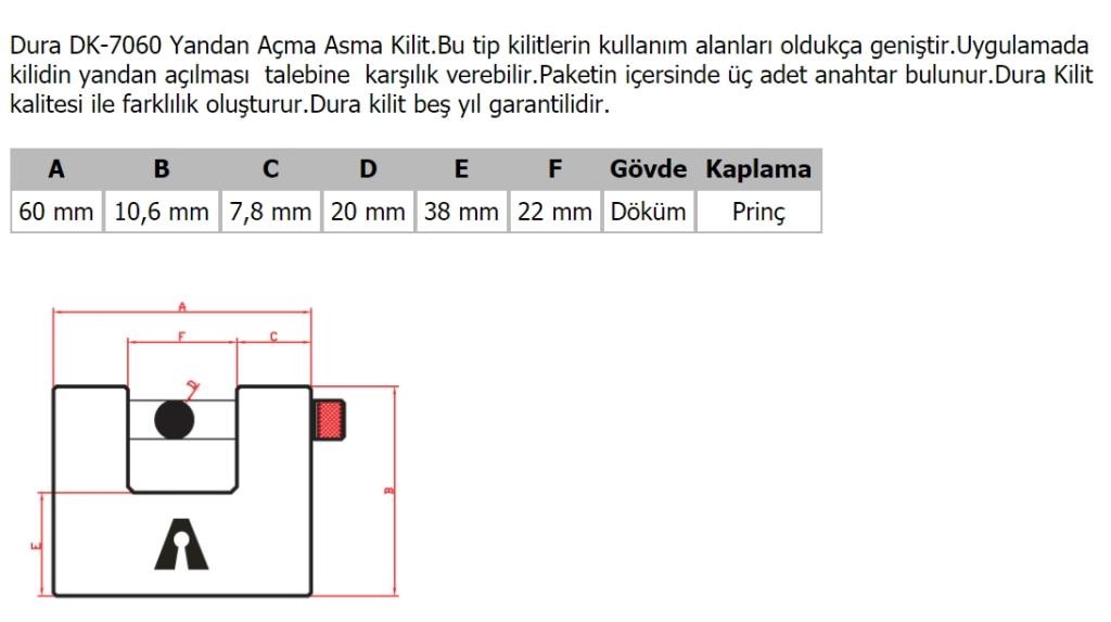 Dura Kilit DK-7060 Asma Kilit Yandan Açma 3 Anahtarlı 60 mm