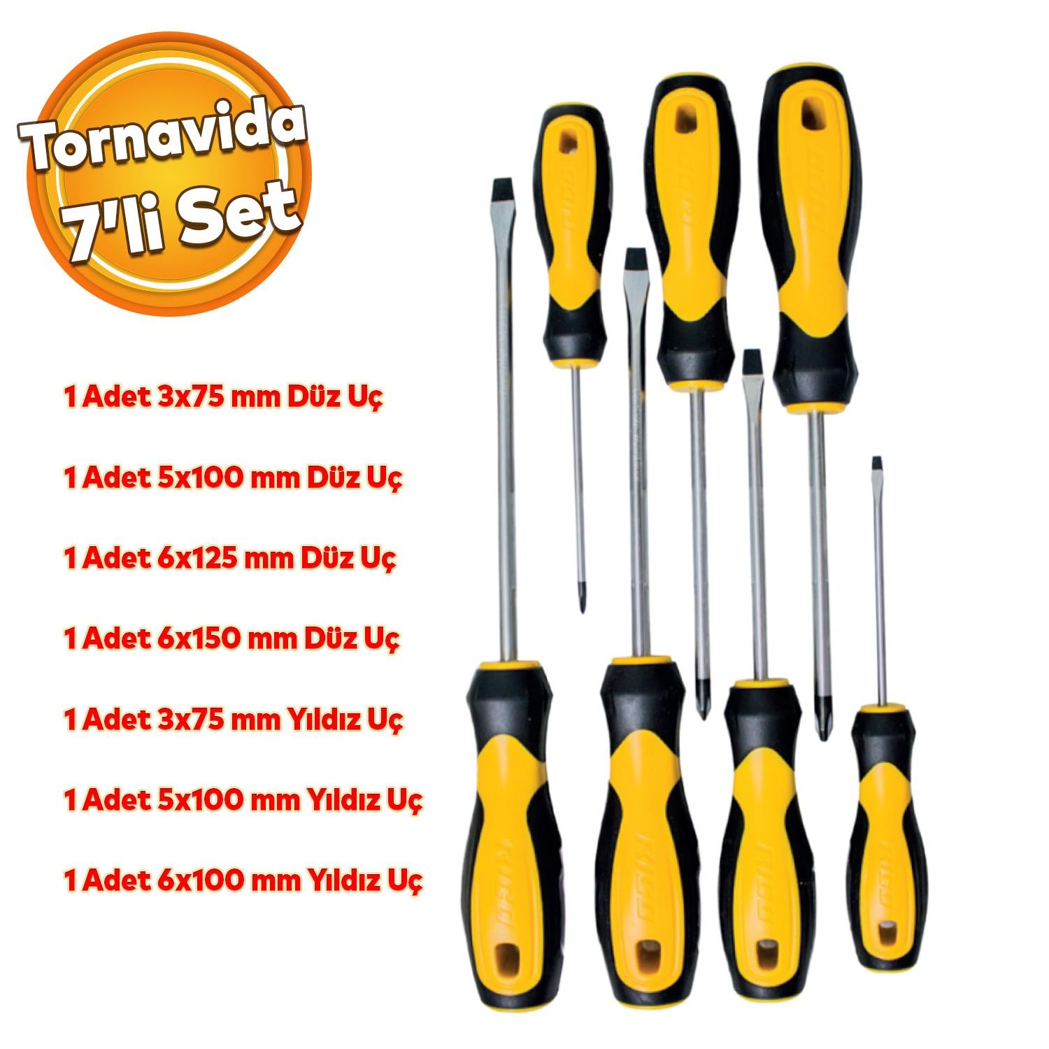 Tornavida Seti Düz Yıldız Uçlu Uzun Kısa 3x75 5x100 6x150 6x100 6x125 mm Vida Sökme Sıkma 7 'li Set