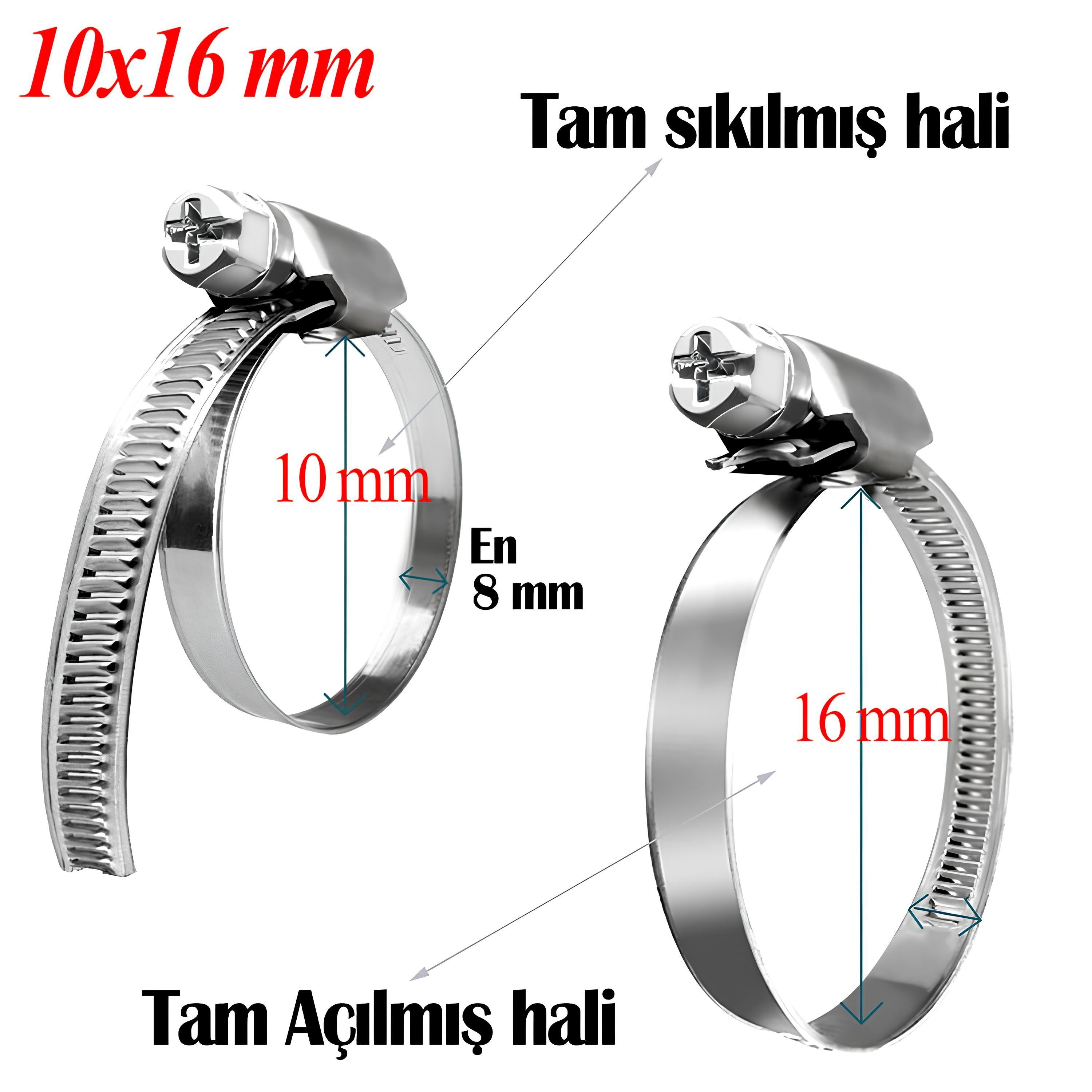 Hortum Kelepçesi Tork Ayarlı 10x16 mm Paslanmaz Çelik Boru Metal Kelepçe Ayarlanabilir klips 5 ADET