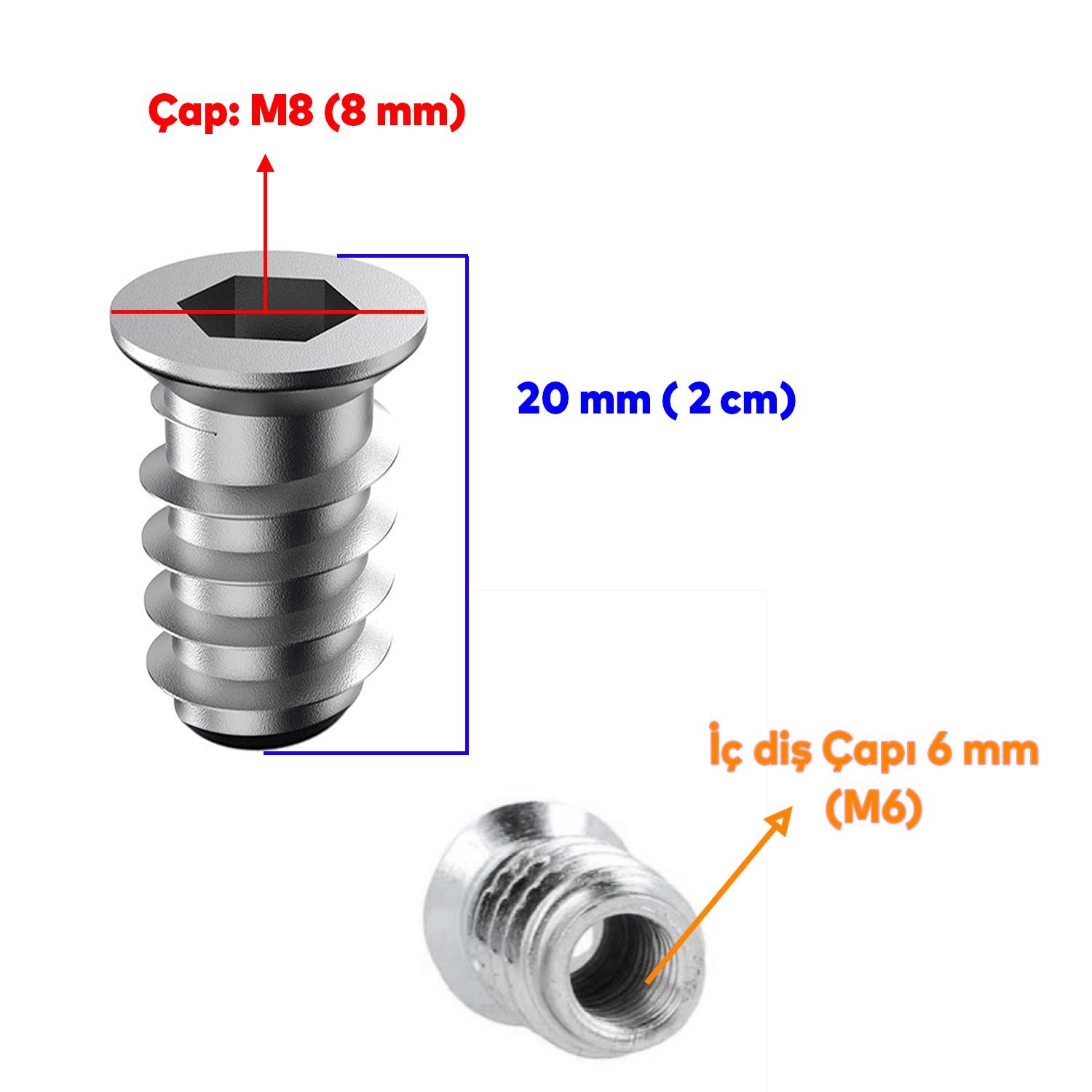 Metal Düz Dişli Dübel Ahşap Dübeli M6 8x20 Diş Çinko Mobilya Bağlantı Ünite Birleştirme (50 ADET)