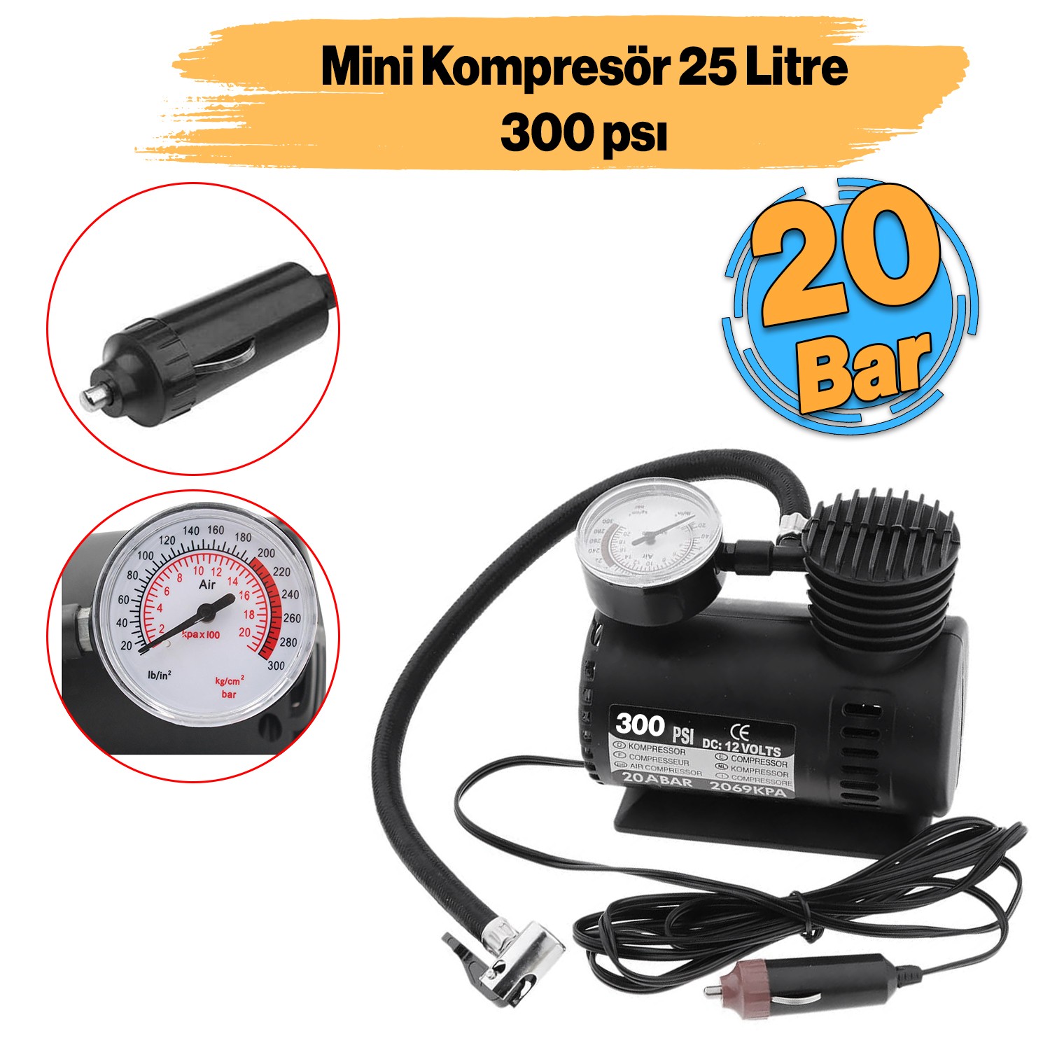 Mini Hava Kompresörü 12V Araç Tipi Çakmaklık Araba Bisiklet Teker Lastik Şambrel Top Şişirme 300 Psı