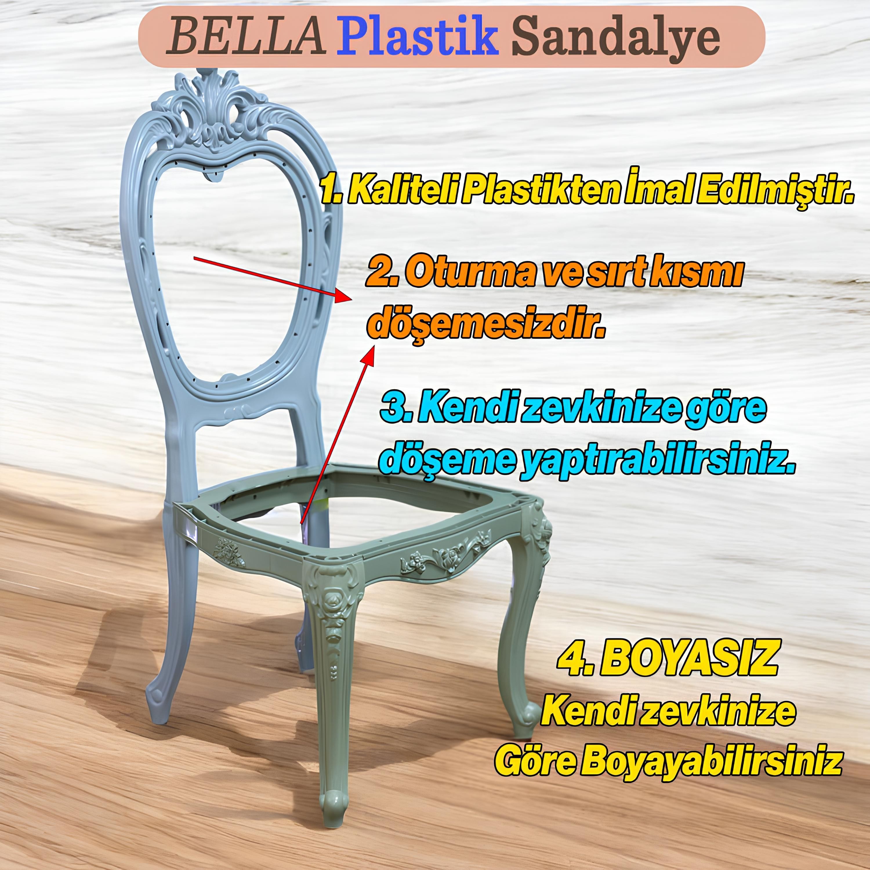 Bella Sandalye Sert Plastik Boyasız Ham Koltuk Bahçe Balkon Mutfak Yemek Masası Sandalyesi