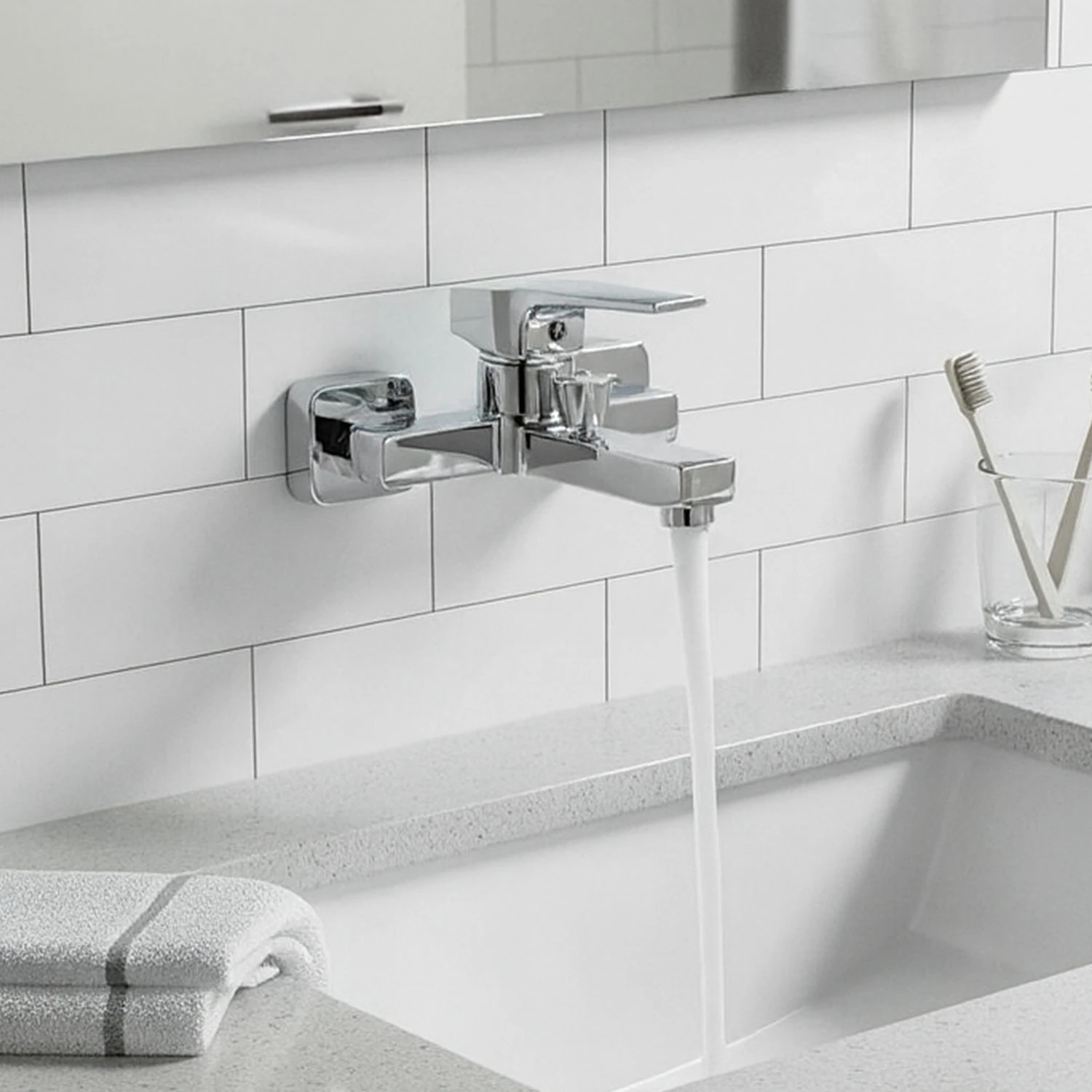 Banyo Bataryası Krom Kaplama Paslanmaz Gövde Seramik Kartuşlu Su Tasarruflu Duvar Tipi Musluk