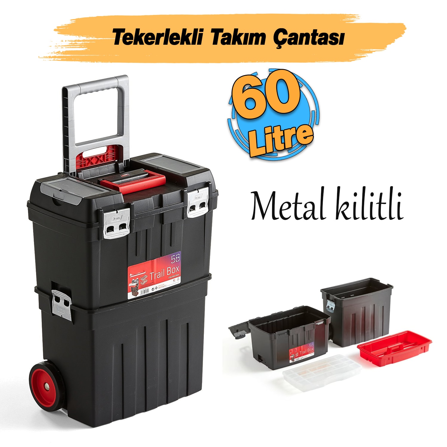 Tekerlekli Taşınabilir 60 Litre Organizer Bölmeli Metal Açma Kapamalı Kulplu Takım Alet Çantası