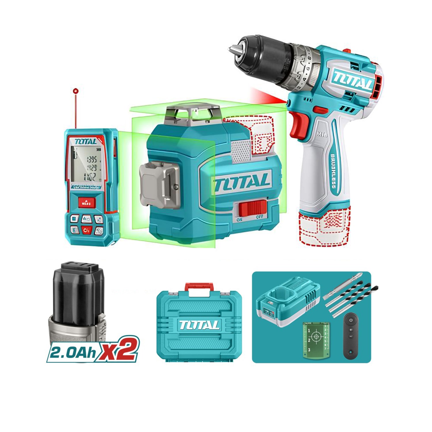Total TOSLI250101E Avantaj 3'lü Set Darbeli Matkap 16V Kablosuz 3D Lazer 100 Metre Hizalama Ölçme