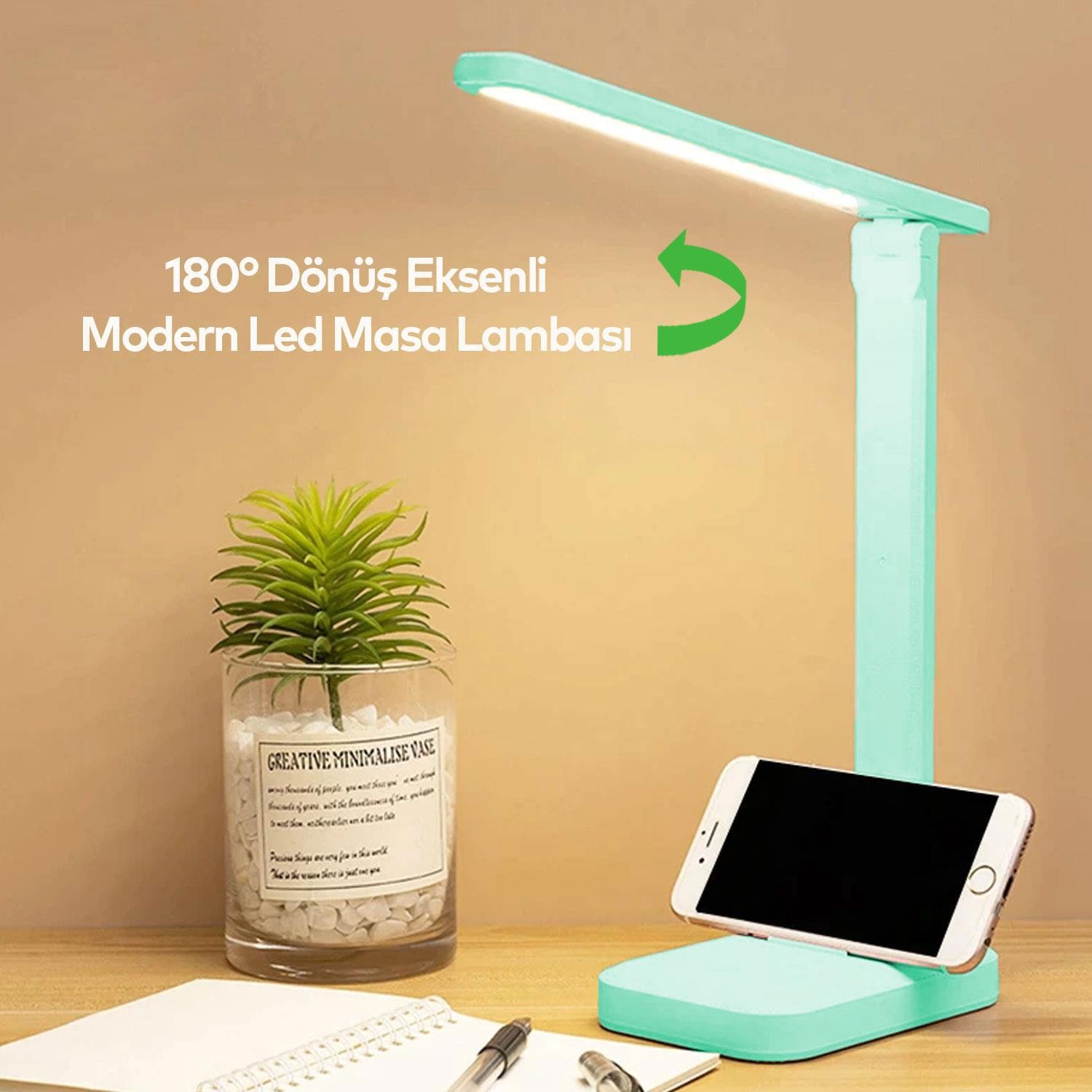 Şarjlı Masa Lambası Led 3 Modlu Oynar Başlıklı Dokunmatik Işık ve Renk Ayarlı Çalışma Okuma Işığı Gece Lambası Turkuaz