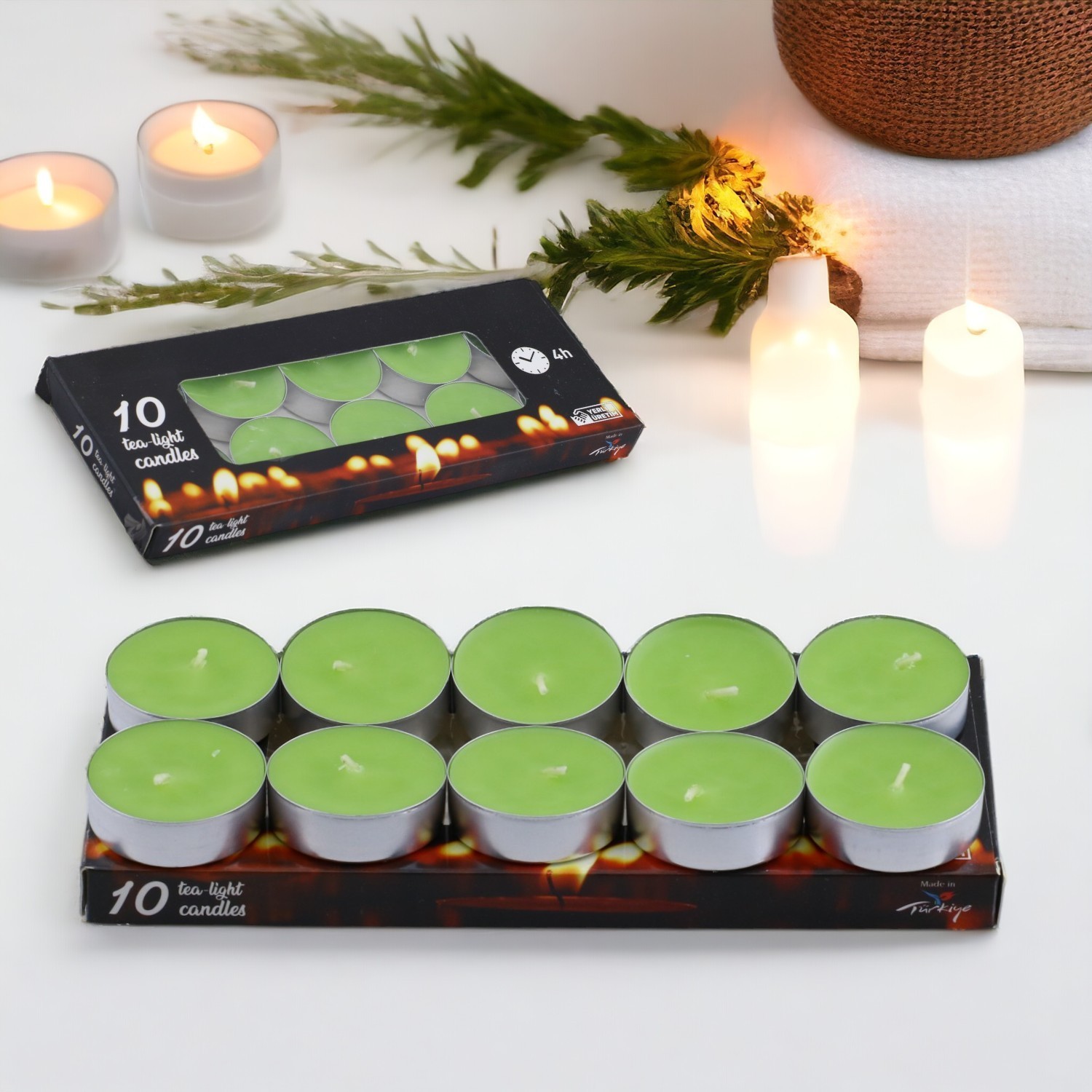 Tealight Mum 10x10 Gr Dekoratif Mumu Kandil Hediyelik Fitilli Mumluk Şamdan Yeşil Renk Kokusuz