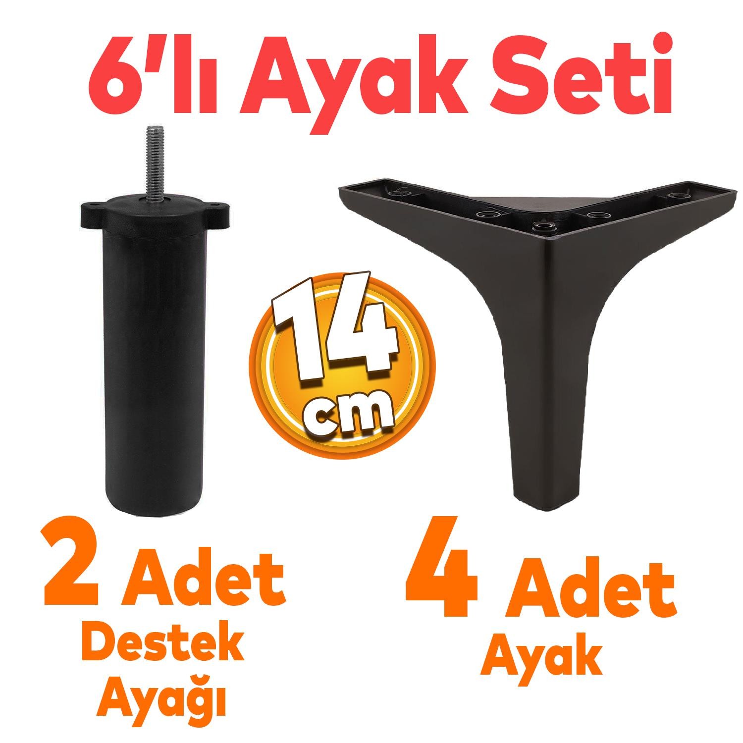 Sedef 6'lı Set Mobilya TV Ünitesi Çekyat Koltuk Kanepe Destek Ayağı 14 cm Siyah Baza Ayak M8 Destek