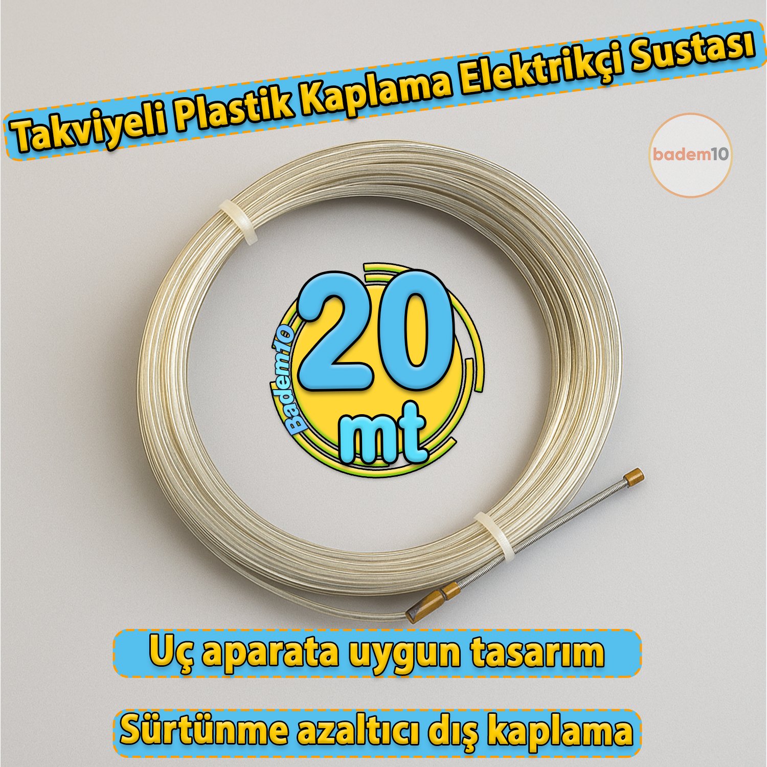 20 Metre Plastik Kaplama Spiral Kablo Çekme Teli Elektrikçi Sustası Kılavuz Tel Tesisat Usta Tip Yay