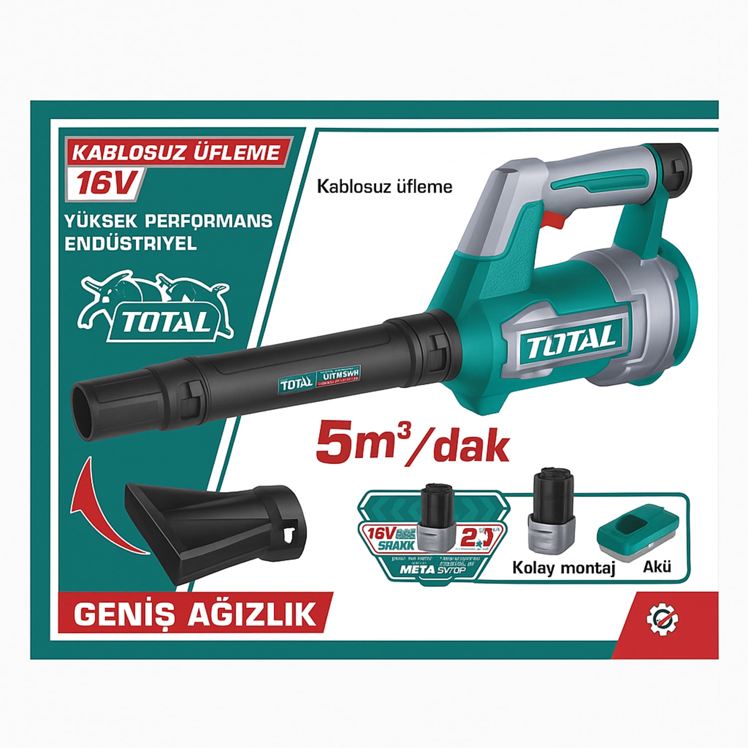 Total Li-Ion Kablosuz Bataryalı 16V Şarjlı Hava Üfleme Makinesi Blower 2.0Ah X2 Toz Yaprak Üfleyici