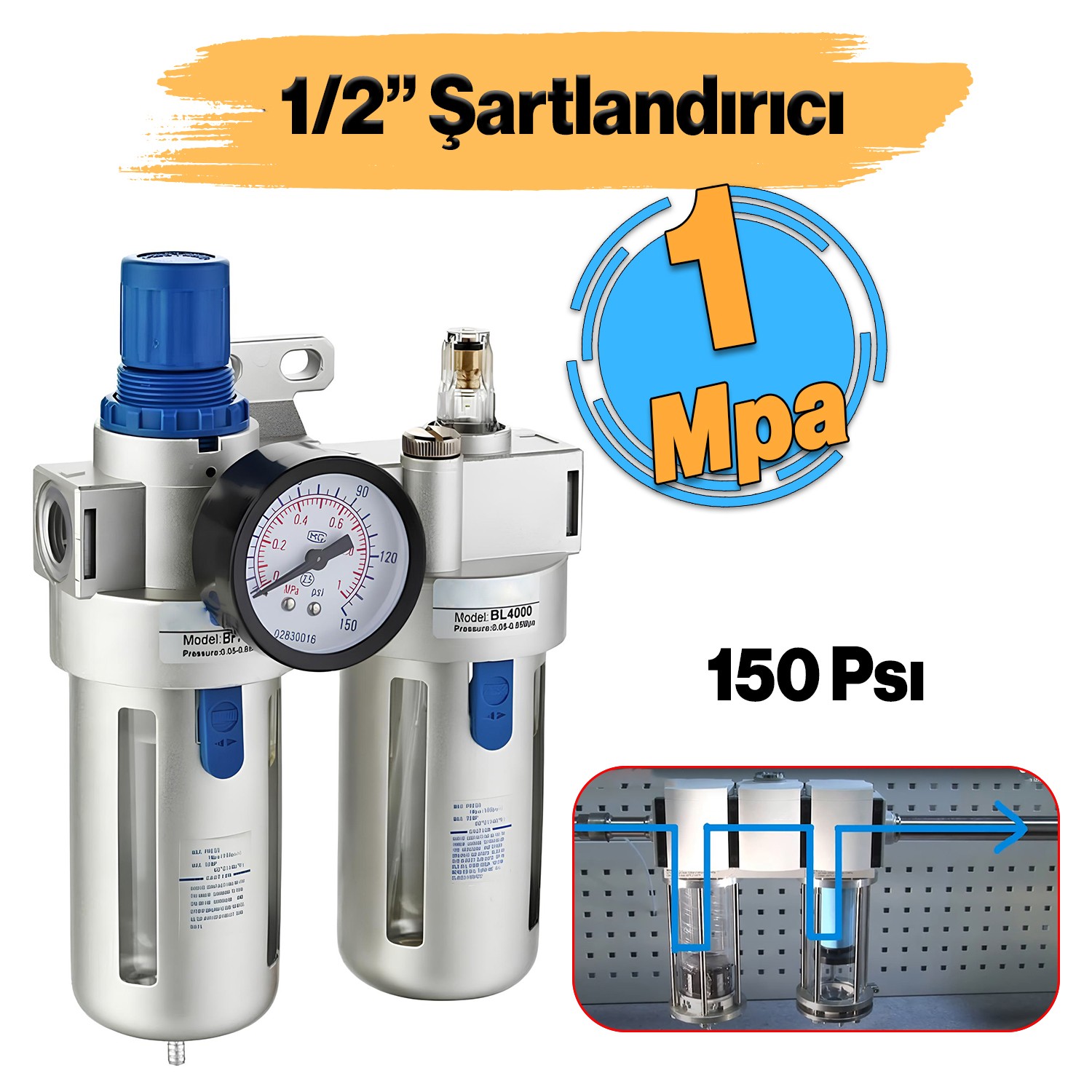 Pnömatik Şartlandırıcı Filtre BFC4000 0.05-0.85 Mpa Maksimum Basınç 150 Psı Hava Komprasör 1/2" İnç