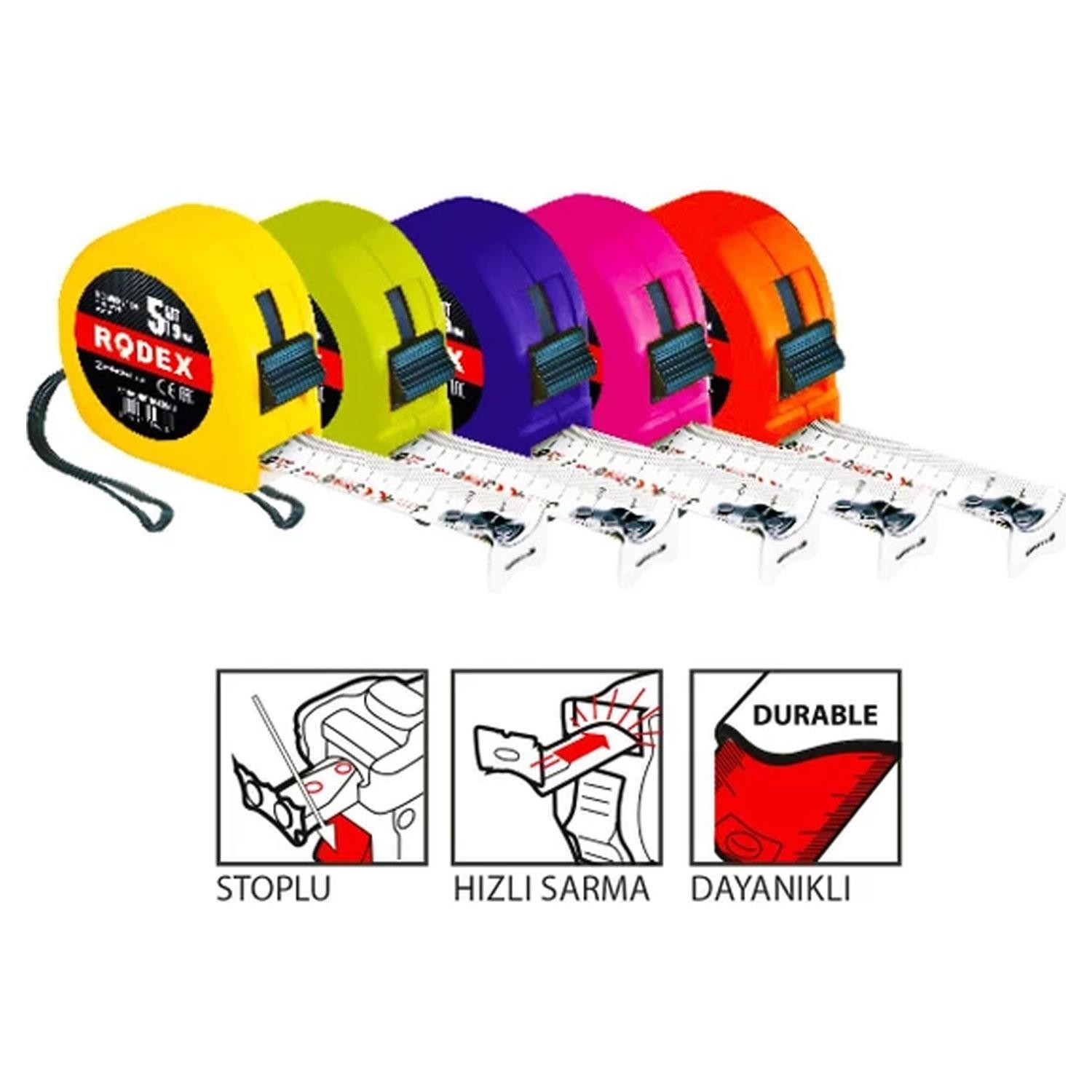 Rodex Şerit Metre Darbeye Dayanıklı Kilitli 5 Metre x 25 mm