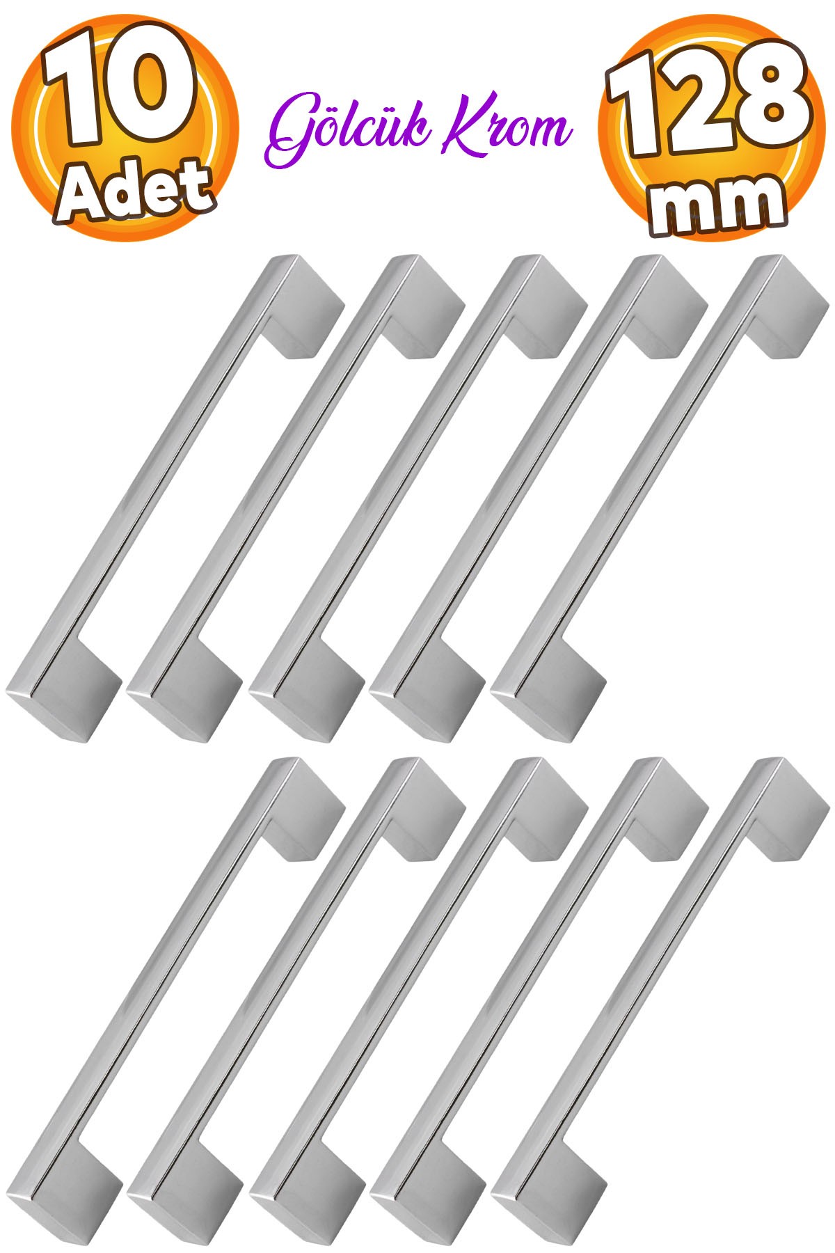 (10 ADET) Gölcük Düz Krom (128 Mm-12.8 cm) Metal Mobilya Mutfak Çekmece Dolap Dolabı Kapak Kulpu Kulbu Kulpları