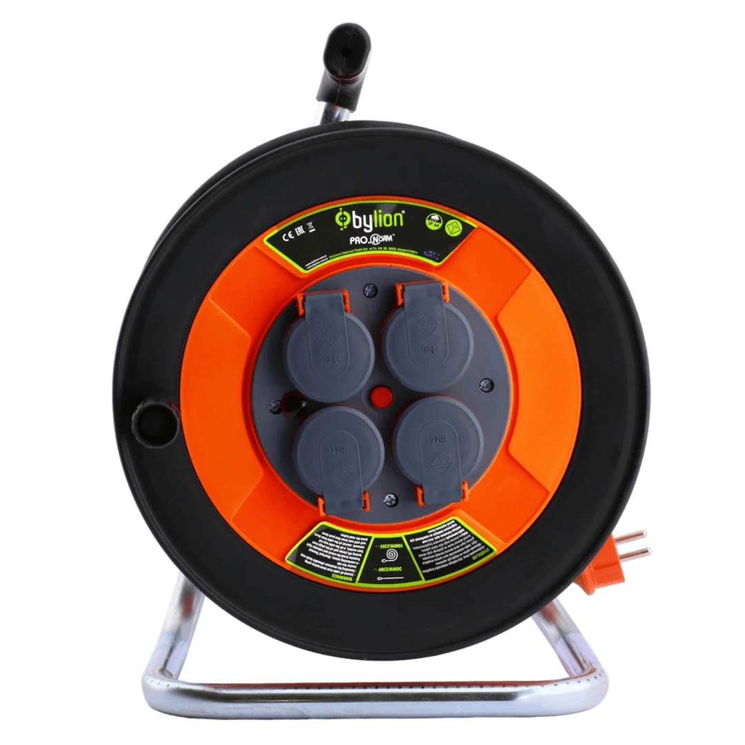 Bylion PMP-35315-F Makaralı Seyyar Kablo Kapaklı 4 Prizli Plastik Uzatma Kablosu 3x1.5 mm CCA Kablo 35 Metre
