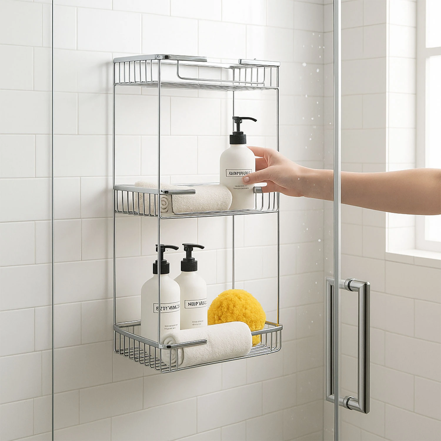 Banyo Duş Köşe Rafı Üç Katlı Kare Şampuanlık Krom Paslanmaz Metal Düzenleyici Raf Sistemi 50 cm