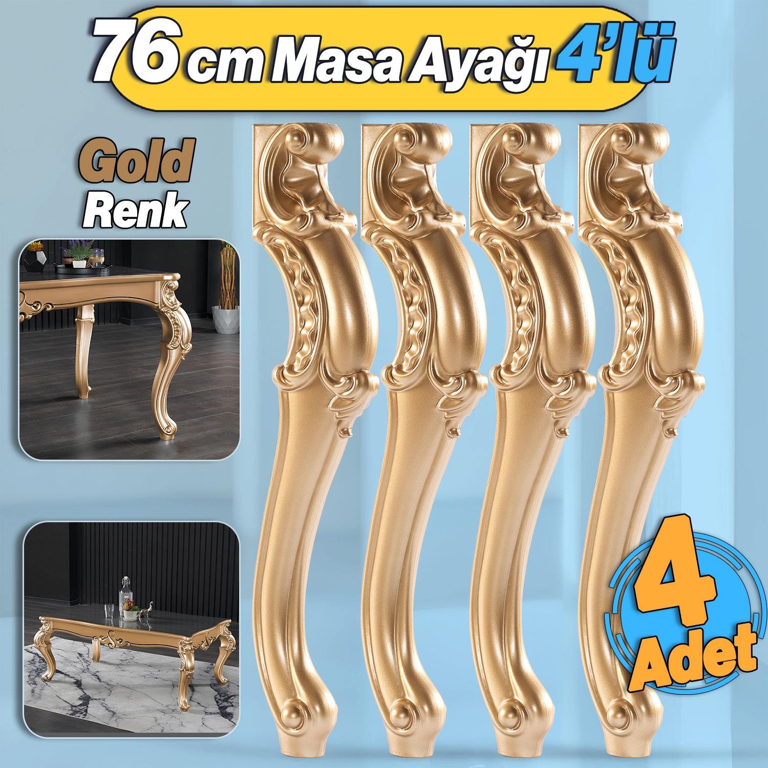 4 Adet Valenta Masa Dresuar Ayağı 76 cm Gold Altın Ayak Mutfak Yemek Masası Mobilya Ayakları Altın