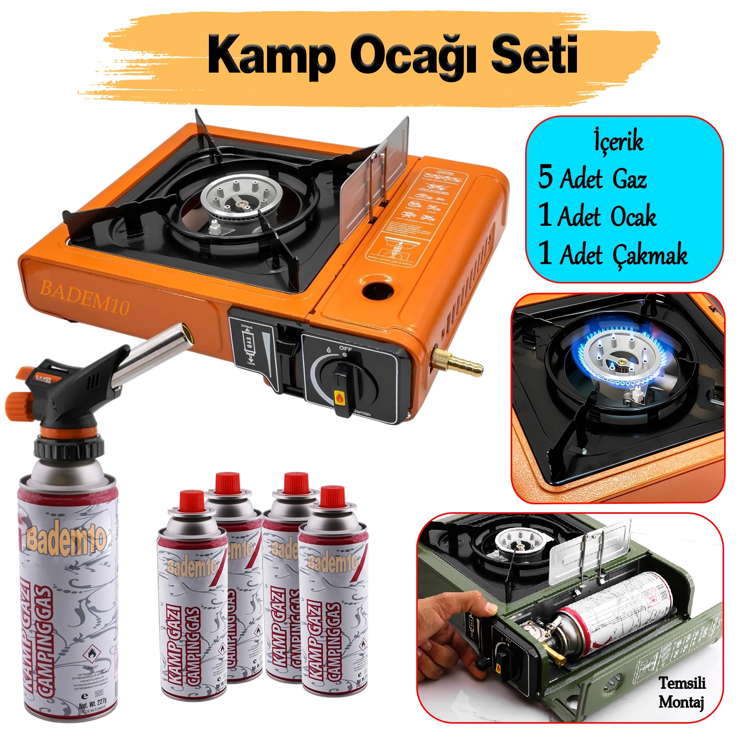Portatif Taşınabilir Kamp Ocağı Tek Gözlü (5 Adet) Gaz Kartuşlu Tüp Uyumlu Bağlantı Gezi Piknik Ocak