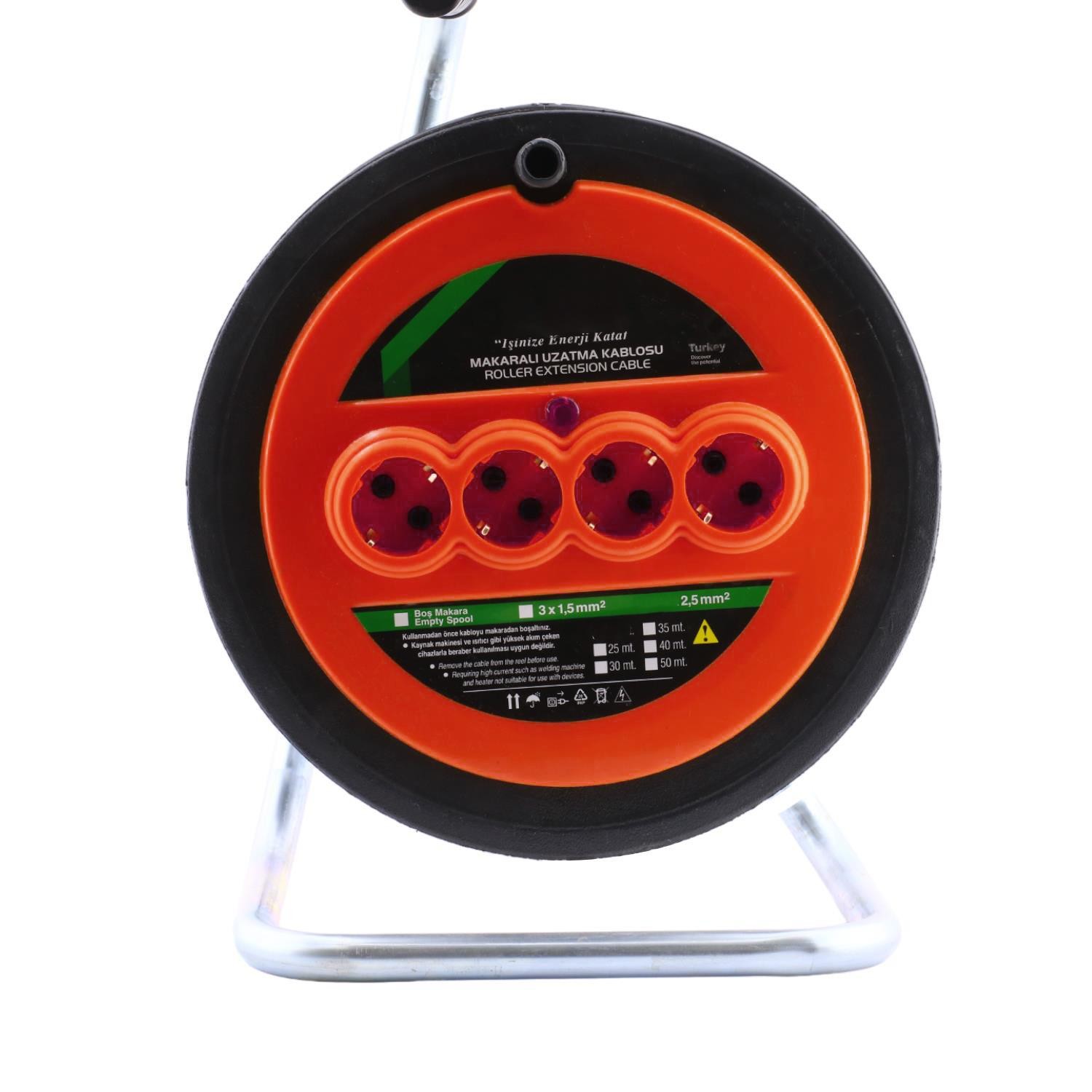 Bylion Plastik Makaralı Ev Elektriği Monofaze Seyyar 4 Prizli Uzatma Kablosu 3x2.5 mm TTR Kablo 30 Metre 