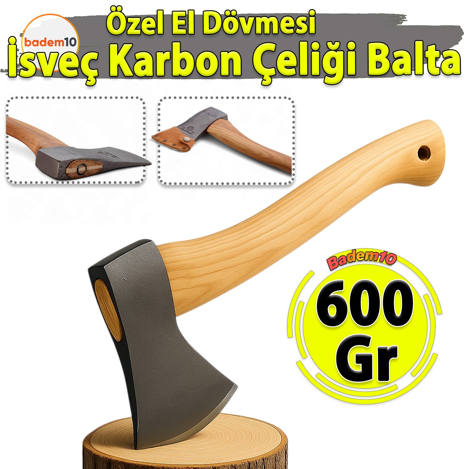 600 Gram 38 Cm El Yapımı İthal İsveç Karbon Çelik Yarma Odun Kesme Ahşap Saplı Balta Ergonomik Kamp