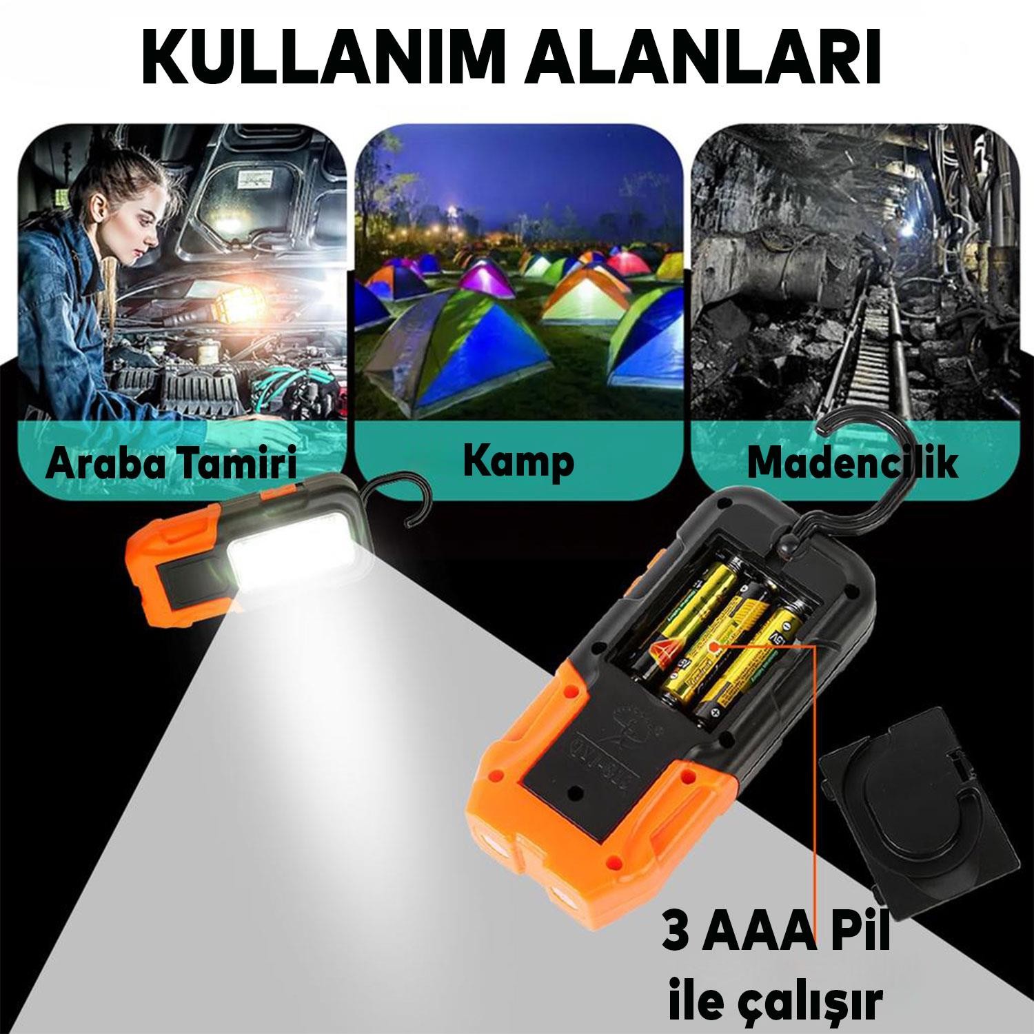 Klaus Led El Feneri Mıknatıslı iş Lambası Askılı Işıldak Kamp Lambası Pilli Gece Lambası 3+1 W