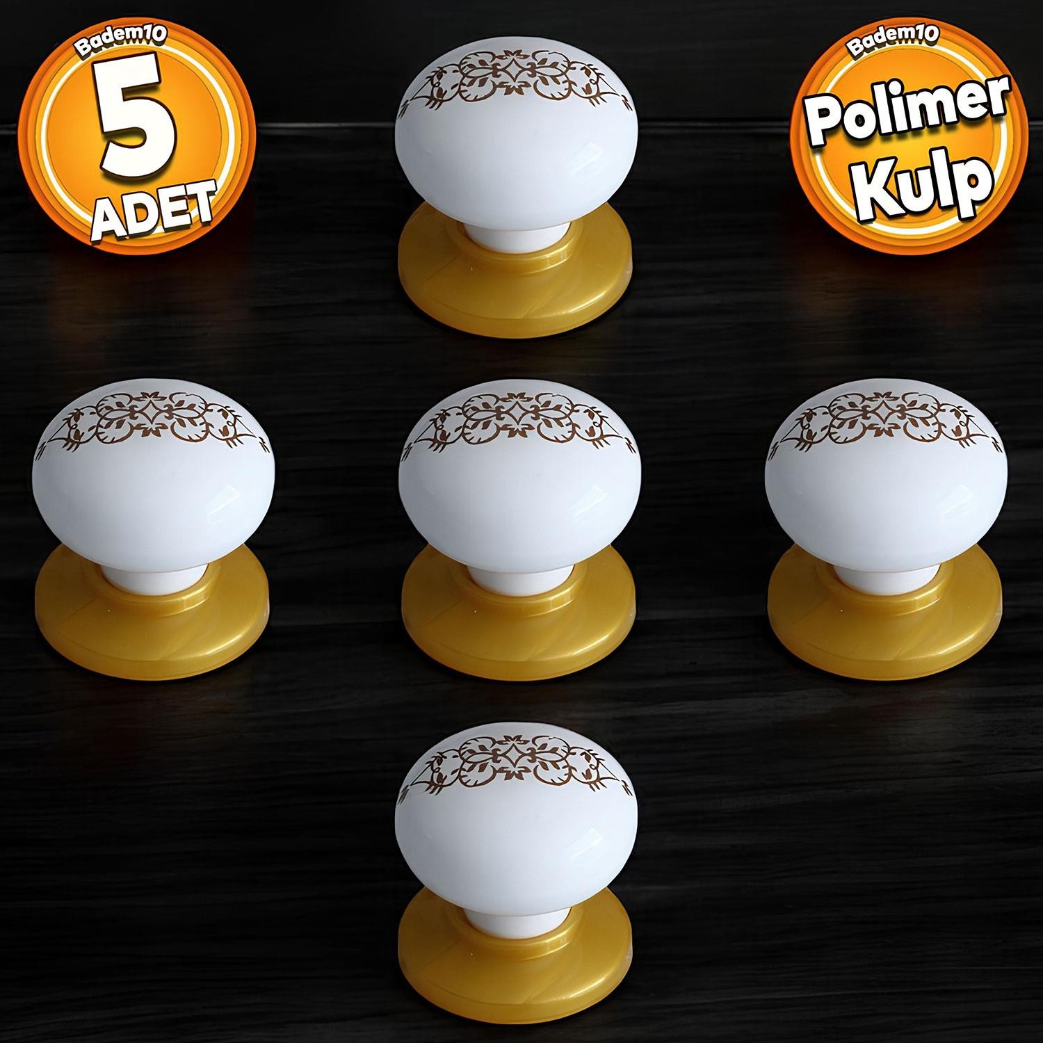 Polimer Düğme Beyaz Gold Kulp Desenli Tablalı Dolap Mobilya Mutfak Dolabı Çekmece Kulpu Kulbu 5 ADET