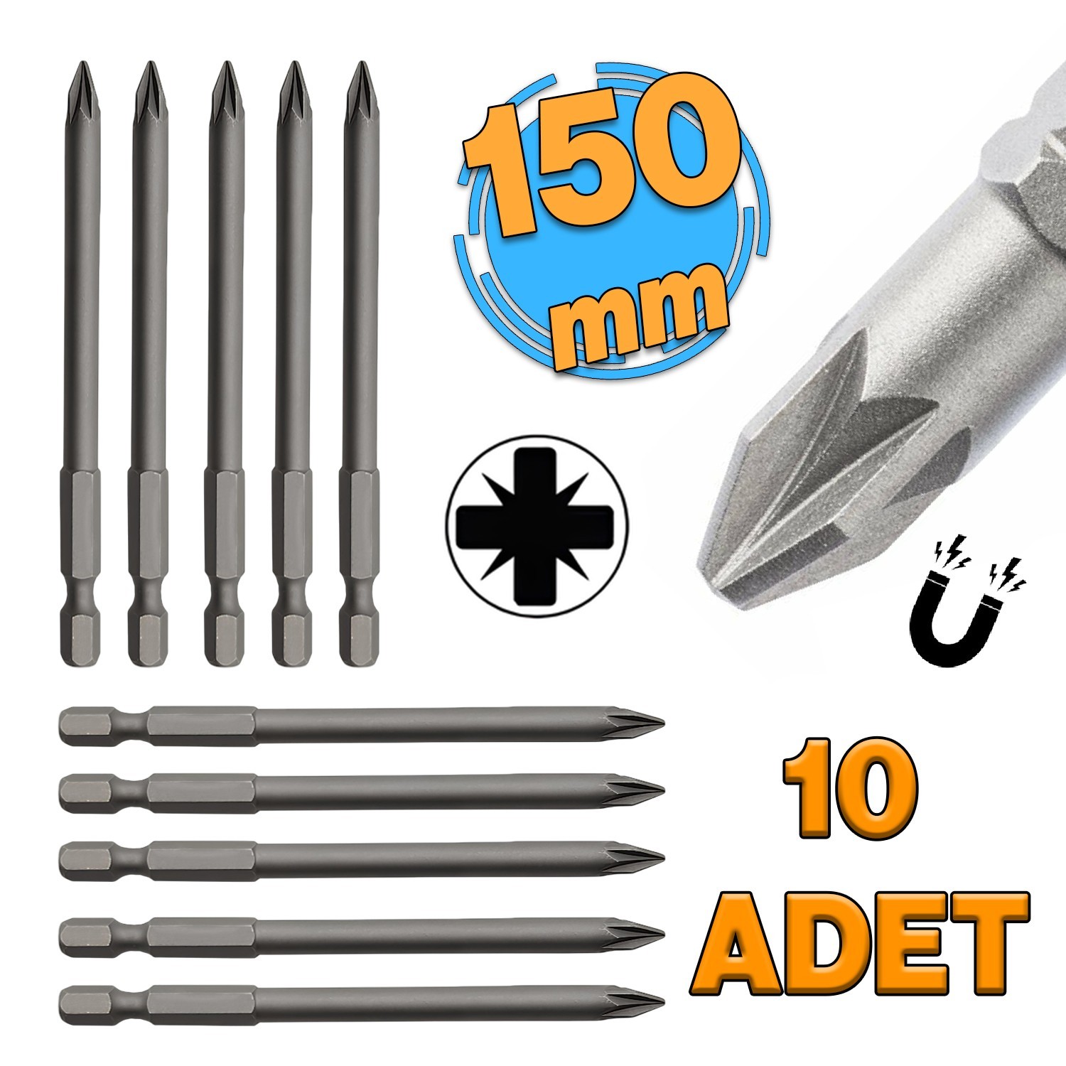 Mıknatıslı Pozidriv Bits Uç PZ2 150 mm 10'lu Set Kutulu Manyetik 1/4" Matkap Ucu 15 cm