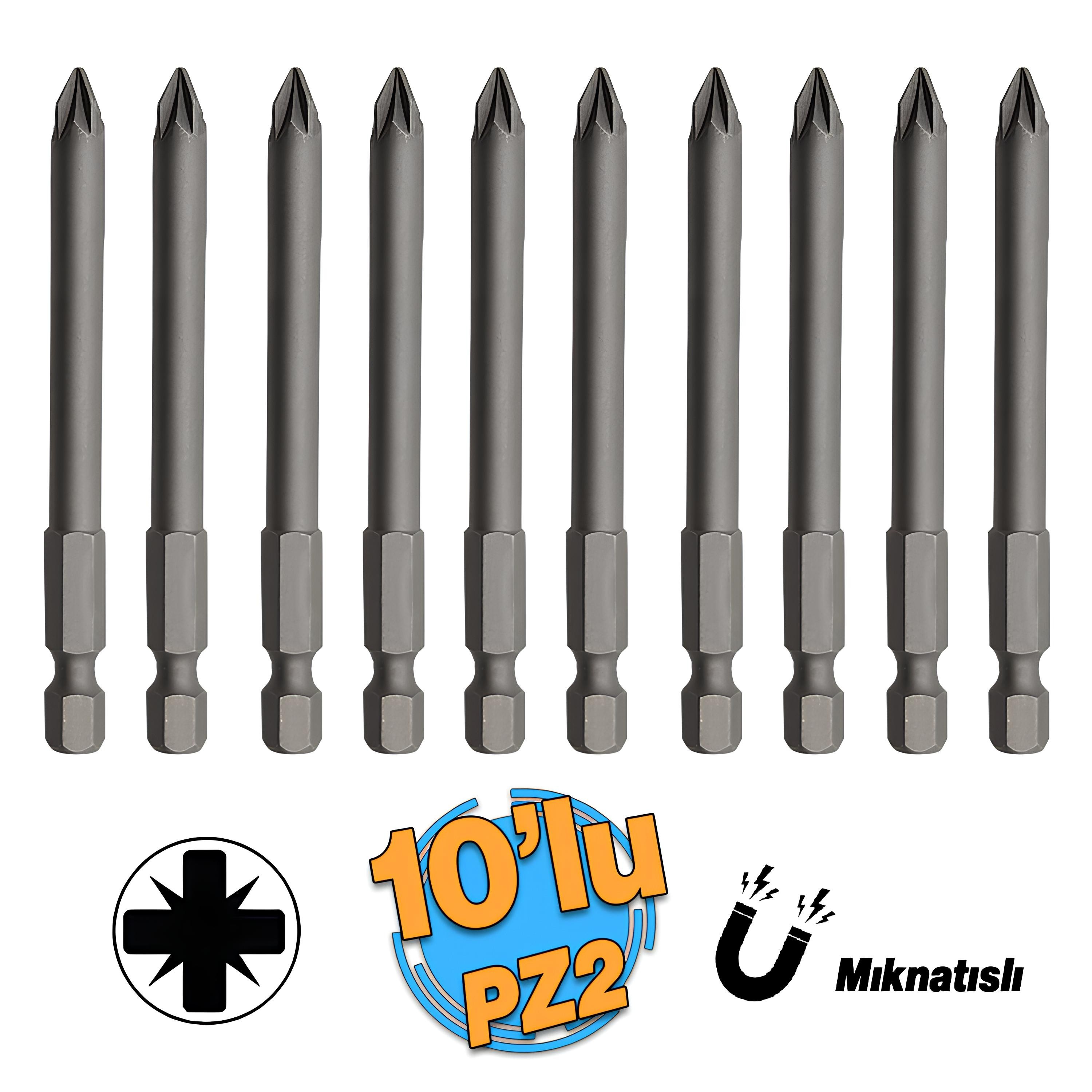 Mıknatıslı Pozidriv Bits Uç PZ2 75 mm 10'lu Set Kutulu Manyetik 1/4" Matkap Ucu 7.5 cm Uzunluk