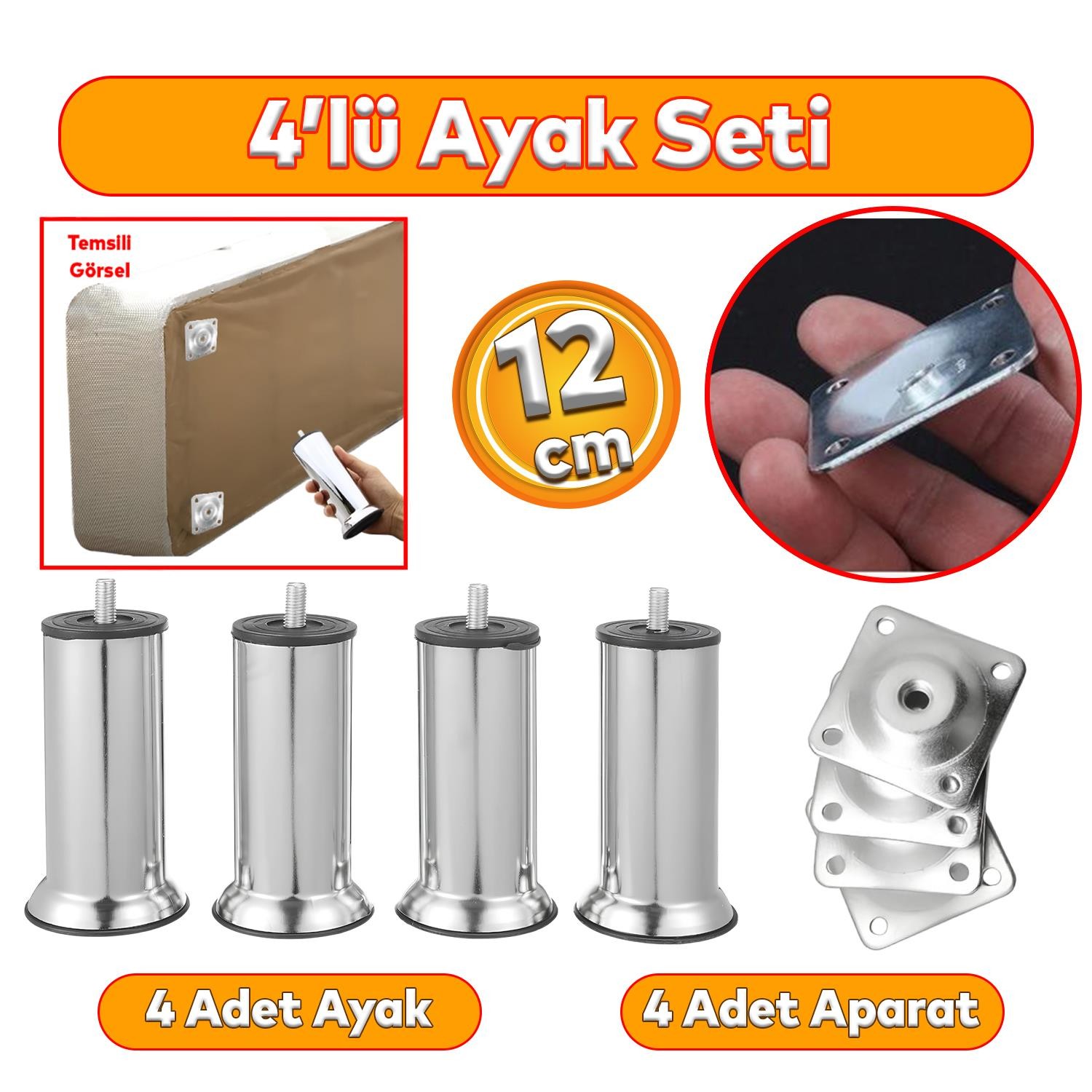 Metal Mobilya 4'lü Set Ayakları M8 Civata Krom 12 Cm Kanepe Koltuk Baza Yatak Çekyat Yükseltme Ayak