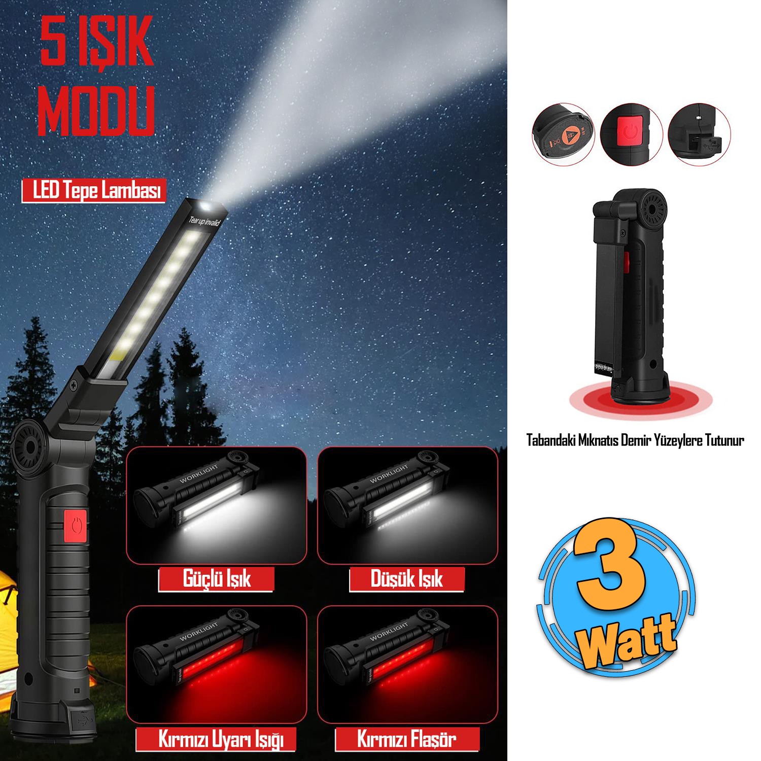 Ledli El Feneri Lambası 5 Modlu Şarjlı Mıknatıslı Kamp Feneri Beyaz Kırmızı Sos Işık 360° Dönerli
