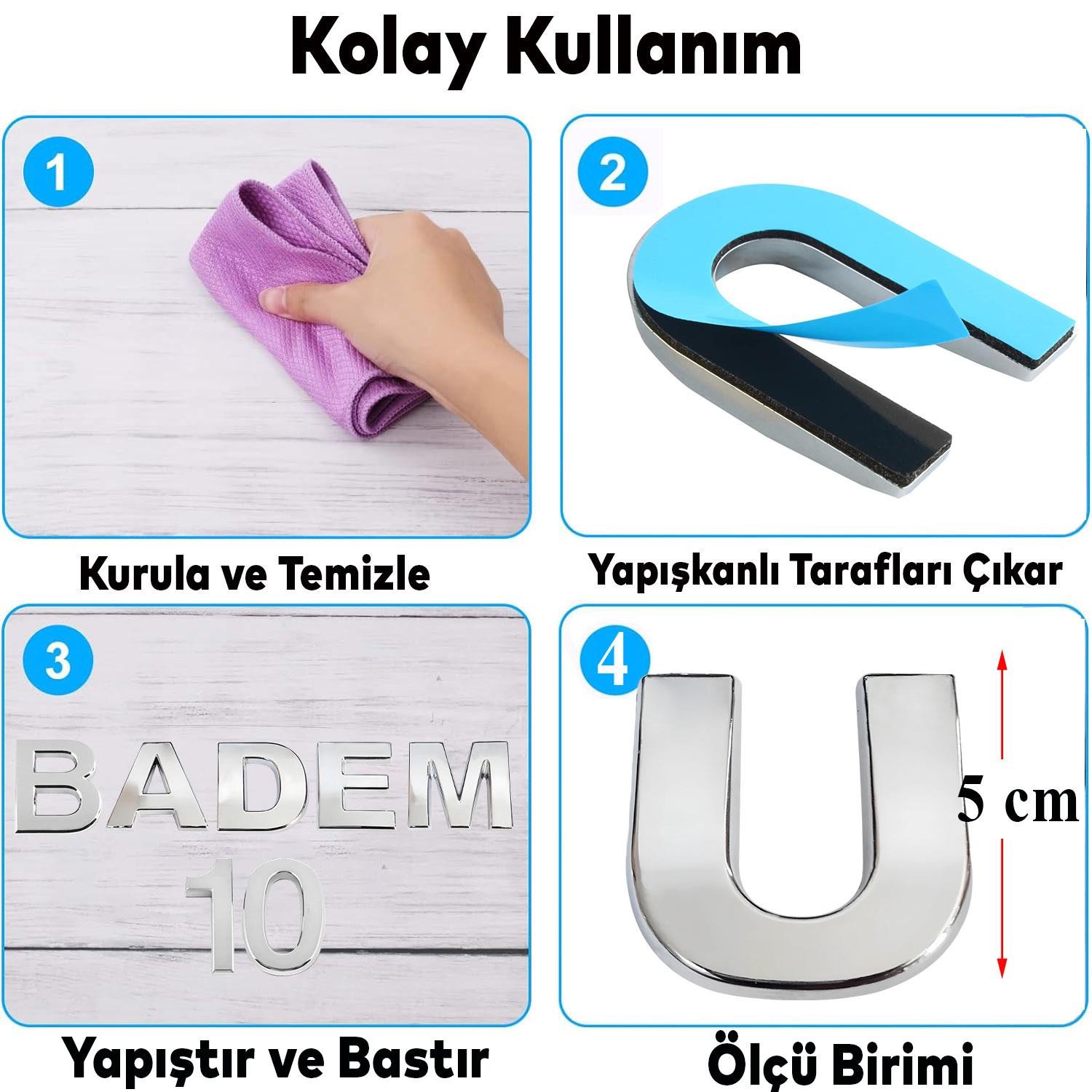 Harf Yapışkanlı U Harfi 5 cm Kapı Oda Posta Kutusu Oto Araç Harfi Yazısı Parlak Krom Gümüş 