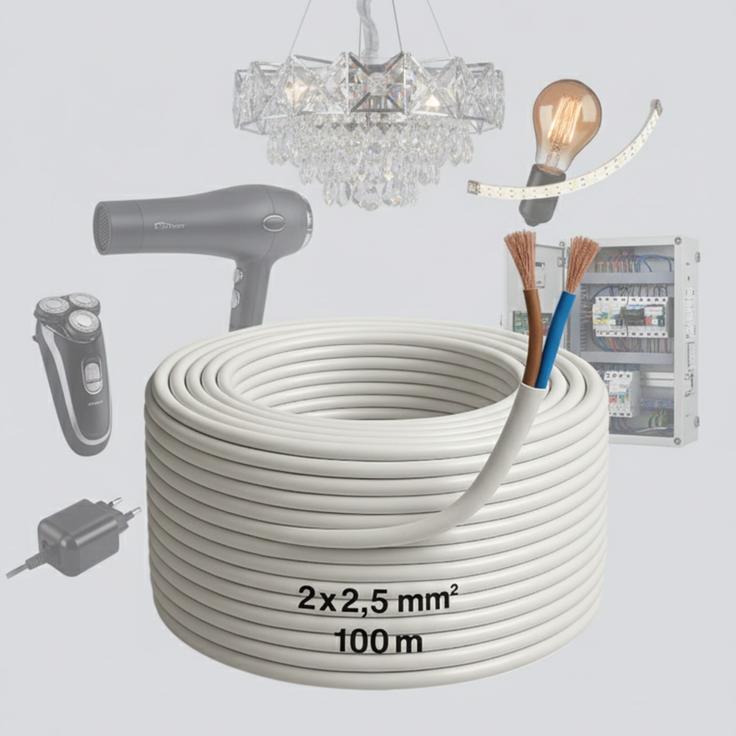 CCA Çok Telli Kablo 2x2.5 mm 100 Metre Elektrik Kablosu Topraklama Yok Alüminyum Alışım Beyaz Renk