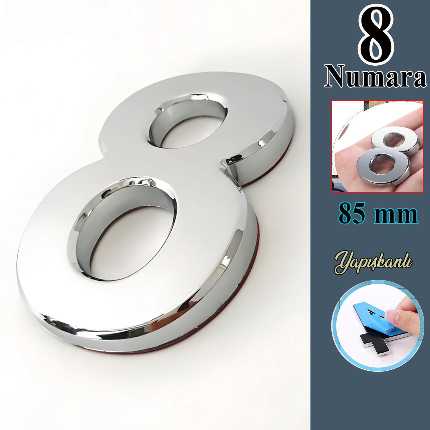 Kapı Numarası Büyük Boy 85 mm Numara 8 Krom Parlak Yapışkanlı Rakam Sayı Numaraları