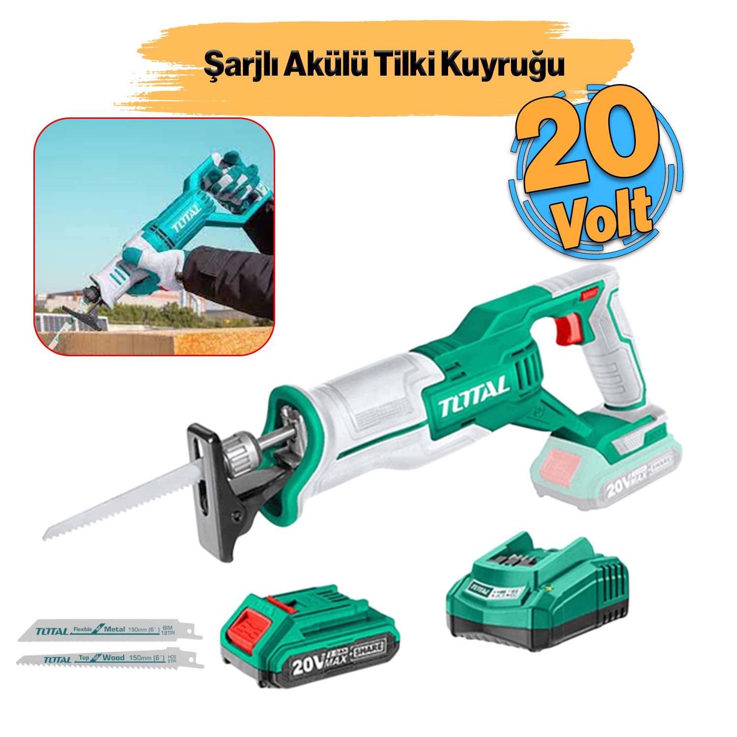 Total Şarjlı Akülü Tilki kuyruğu Testere Ahşap Metal Kemik Kesme 20 Volt 2.0 Ah 110 mm TRSLI11521 