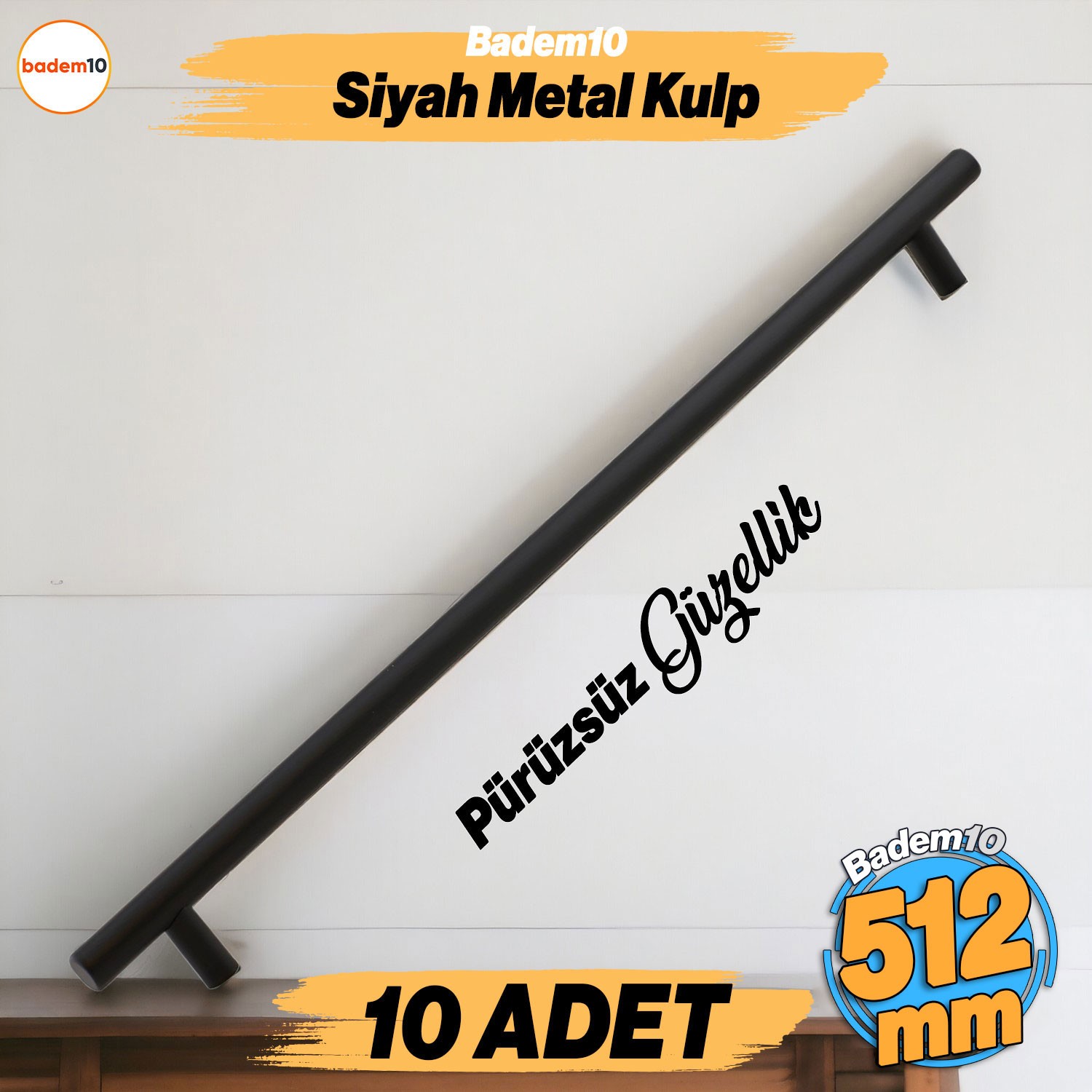Çubuk 10 Adet Siyah Metal Kulp ( 512  mm-51.2 cm) Mobilya Mutfak Çekmece Dolabı Kulpu Kulbu Kulpları