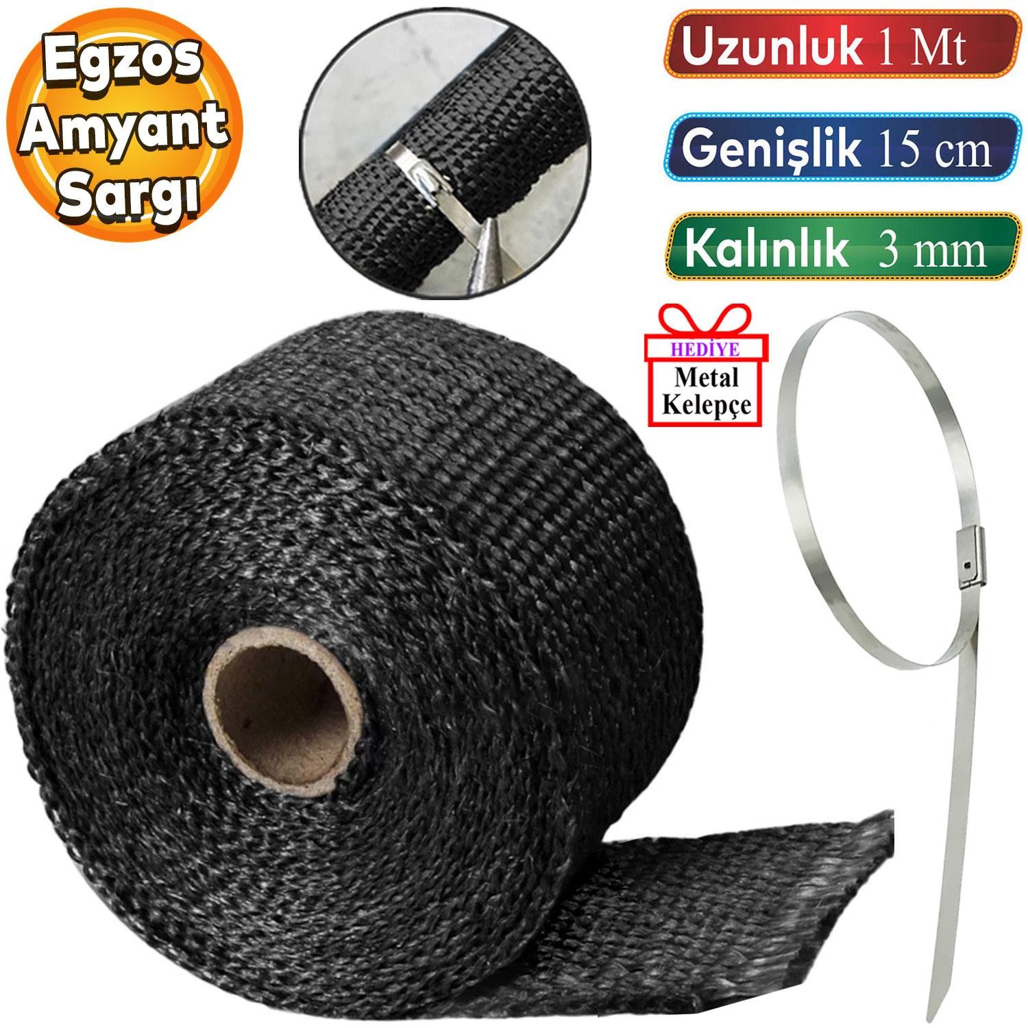 1 Metre 15 cm Cam Elyaf Ekzoz Sargısı Metal Kelepçe Manifold Sargı Bezi Yanmaz Bant Siyah Amyant 3 mm (Kalınlık)